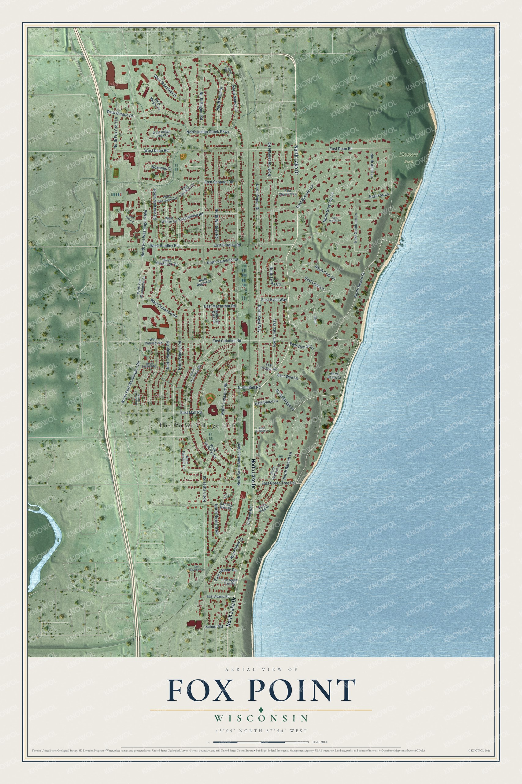 Full map of Fox Point, Wisconsin, with red buildings, printed street names and the land around them
