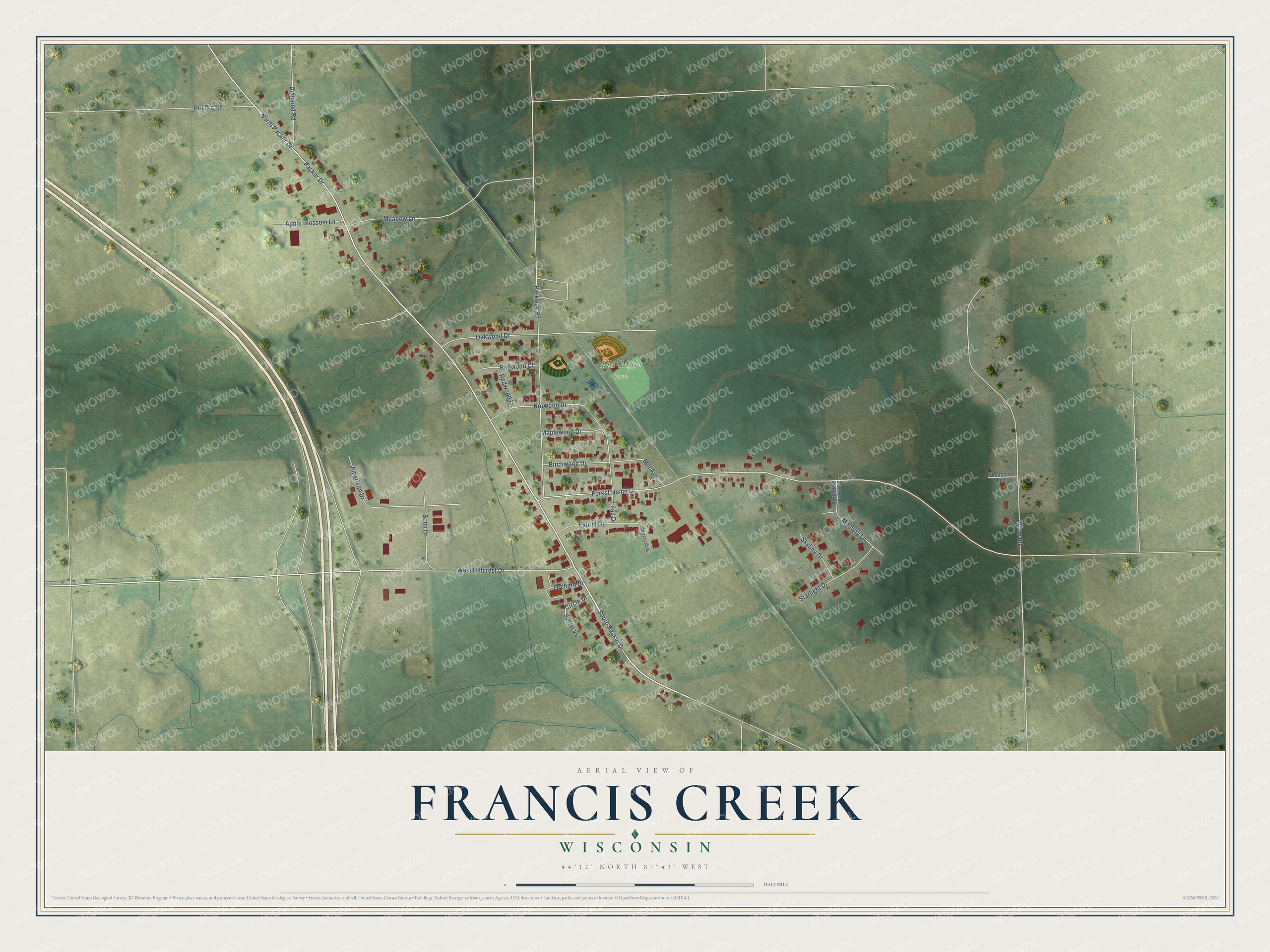 Full map of Francis Creek, Wisconsin, with red buildings, printed street names and the land around them