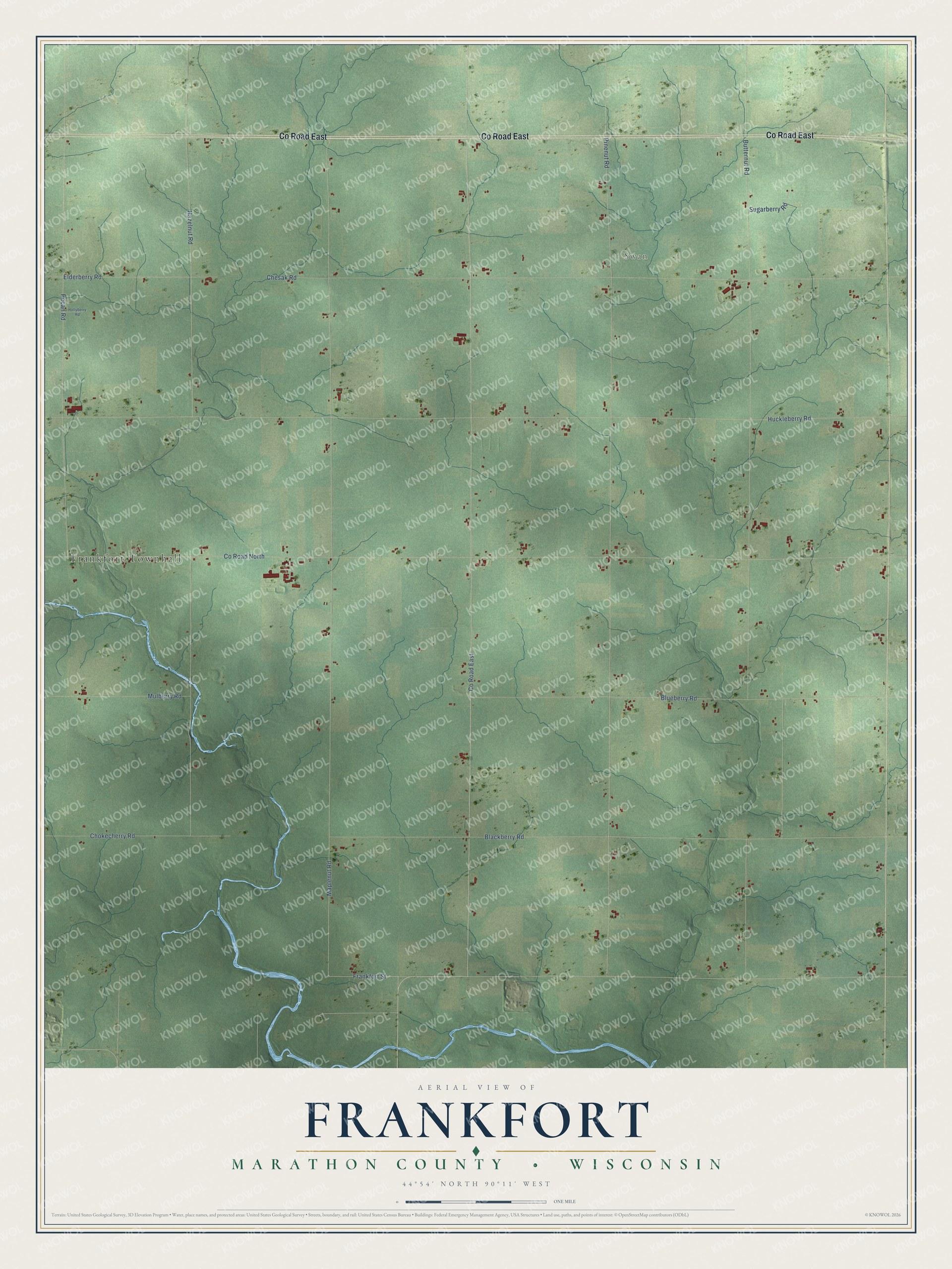 Full map of Frankfort, Wisconsin, with red buildings, printed street names and the land around them