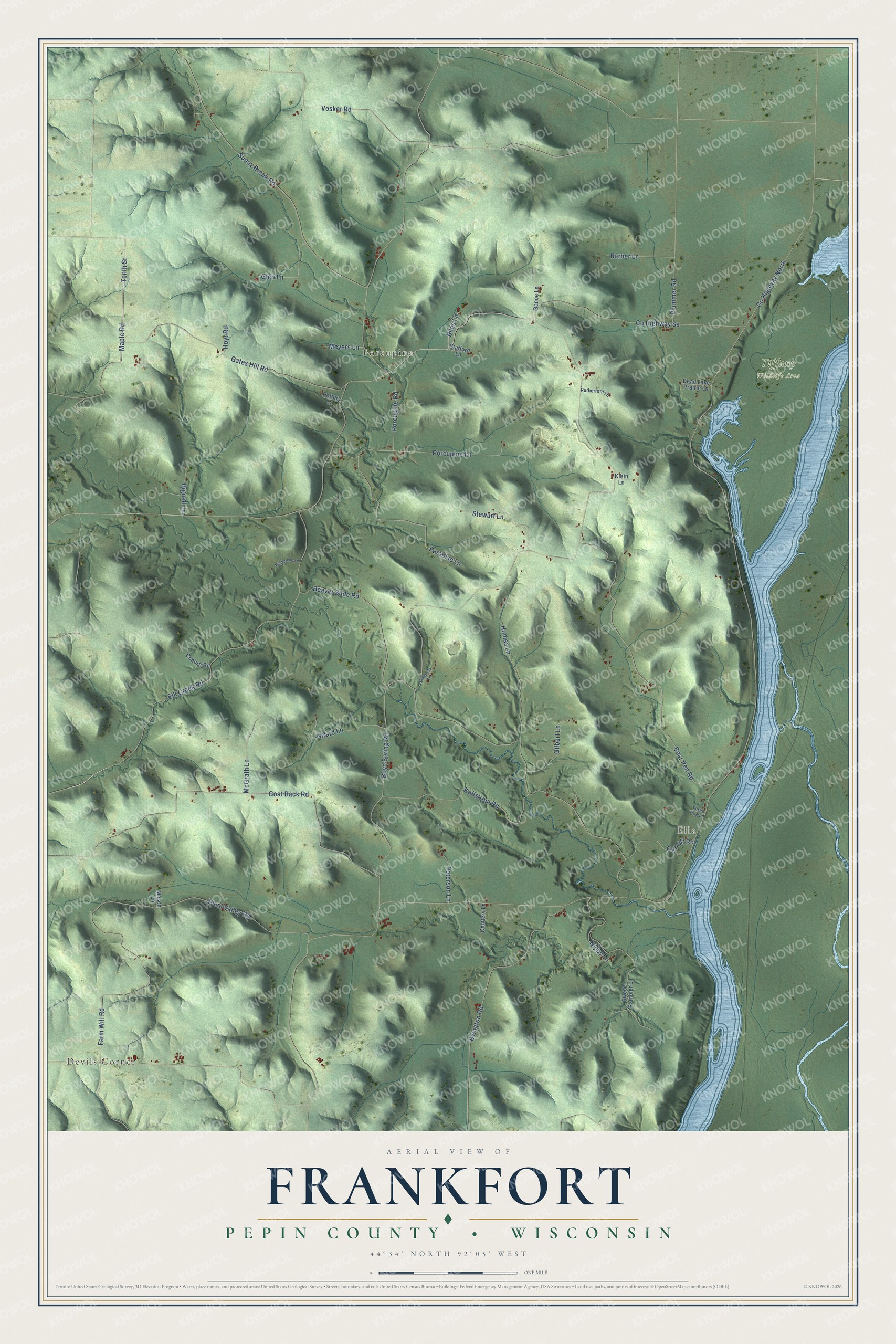 Full map of Frankfort, Wisconsin, with red buildings, printed street names and the land around them