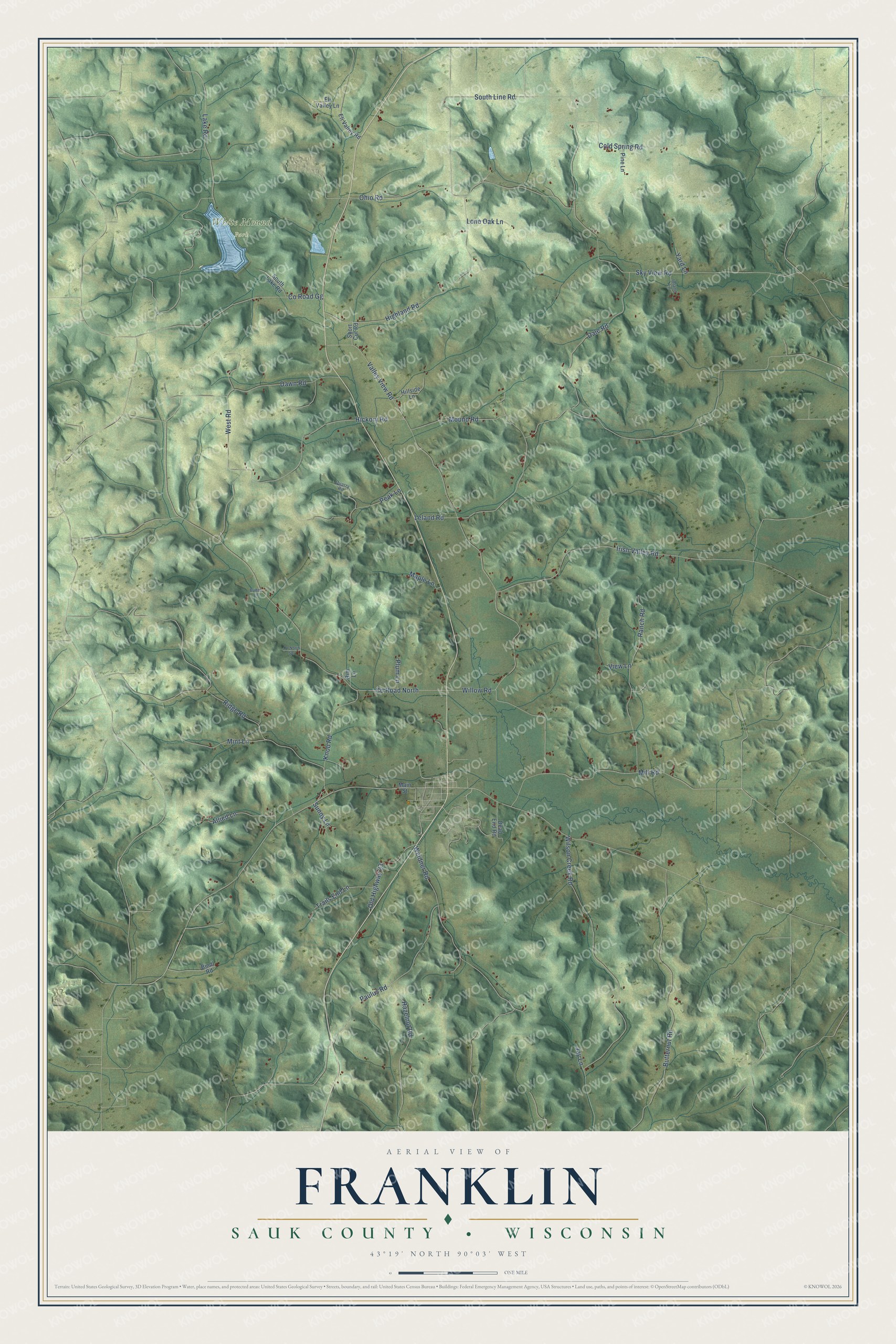 Full map of Franklin, Wisconsin, with red buildings, printed street names and the land around them