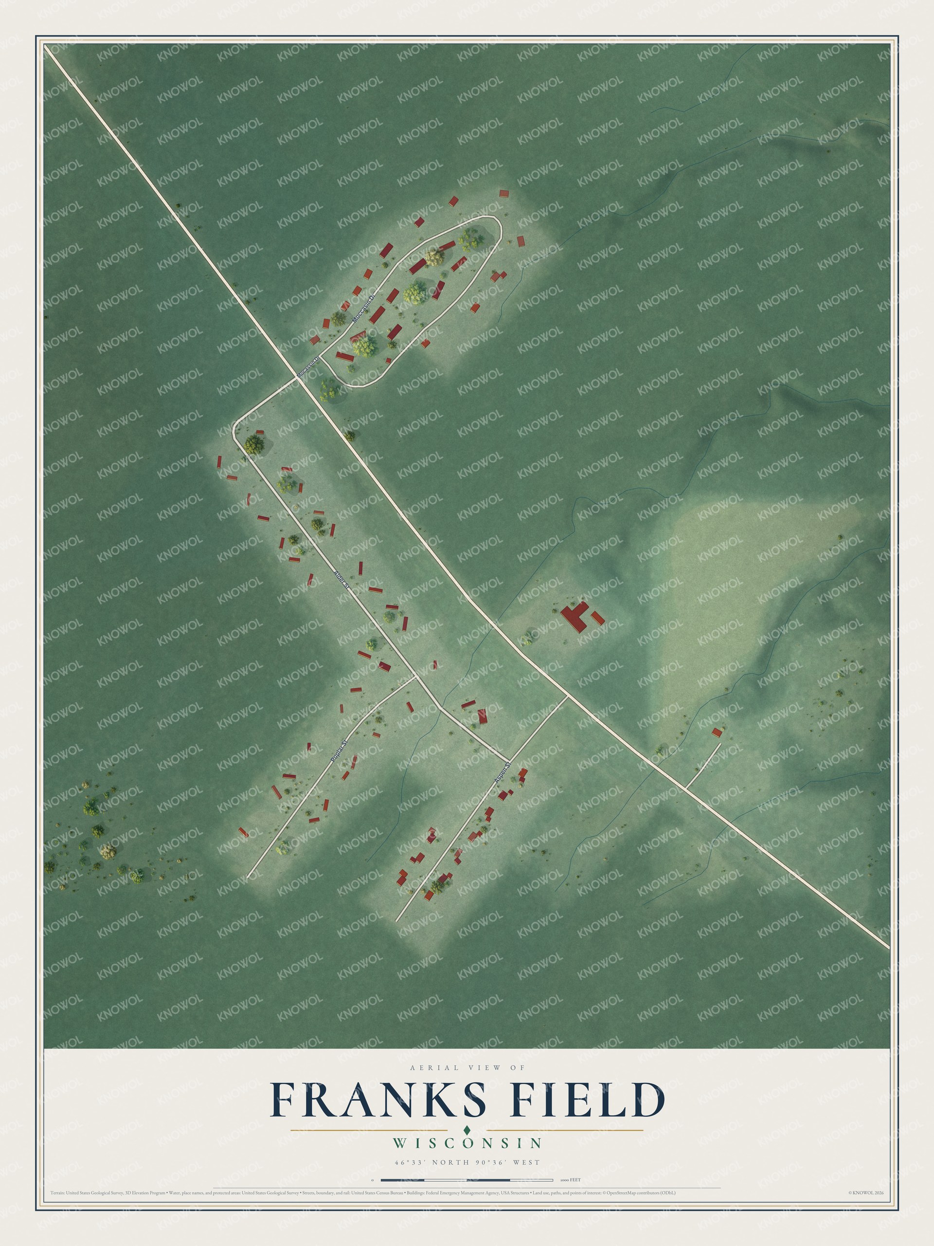 Full map of Franks Field, Wisconsin, with red buildings, printed street names and the land around them