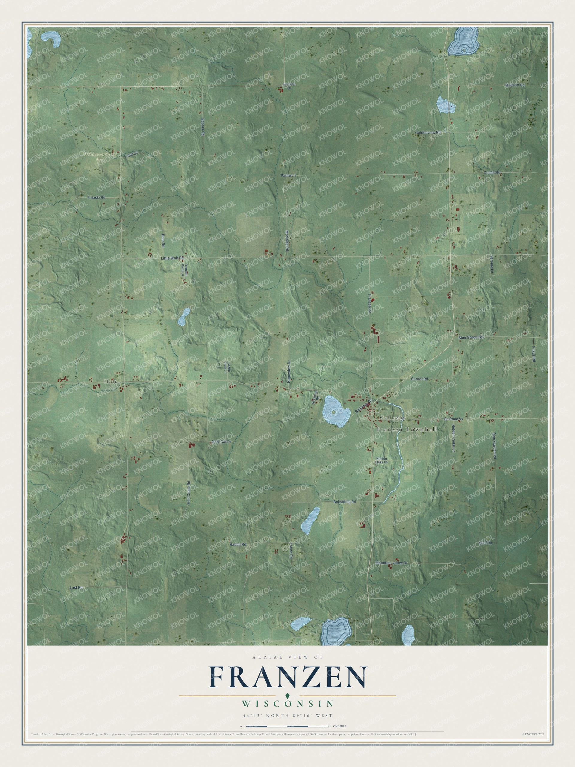 Full map of Franzen, Wisconsin, with red buildings, printed street names and the land around them
