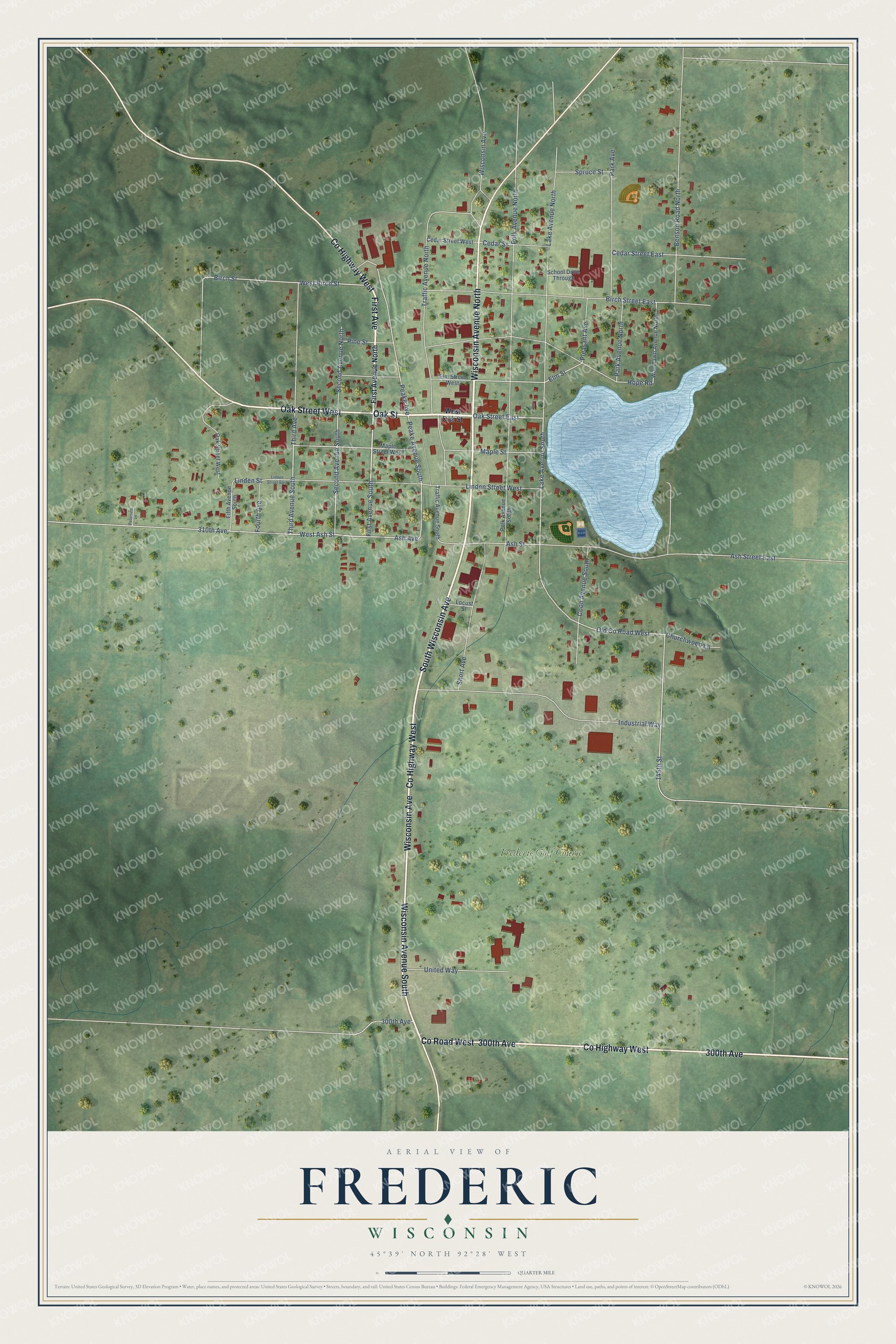Full map of Frederic, Wisconsin, with red buildings, printed street names and the land around them