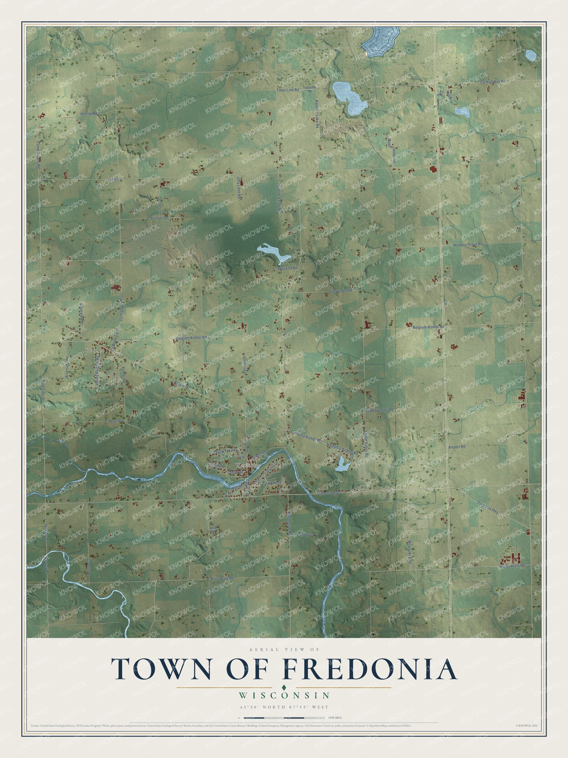 Full map of Fredonia, Wisconsin, with red buildings, printed street names and the land around them
