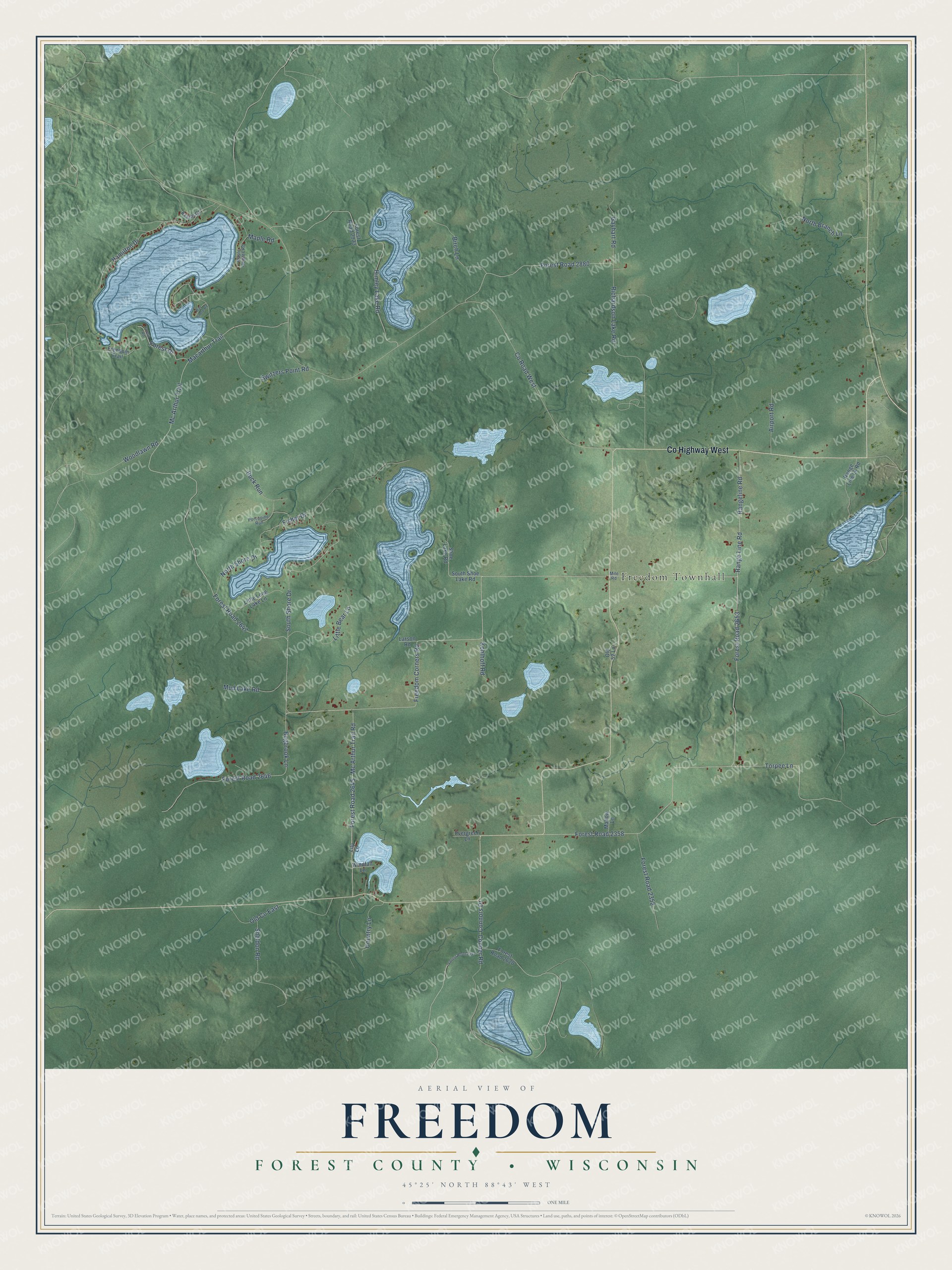 Full map of Freedom, Wisconsin, with red buildings, printed street names and the land around them