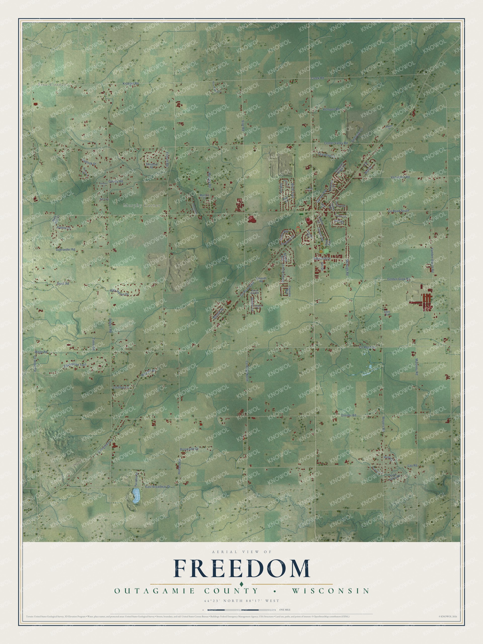 Full map of Freedom, Wisconsin, with red buildings, printed street names and the land around them