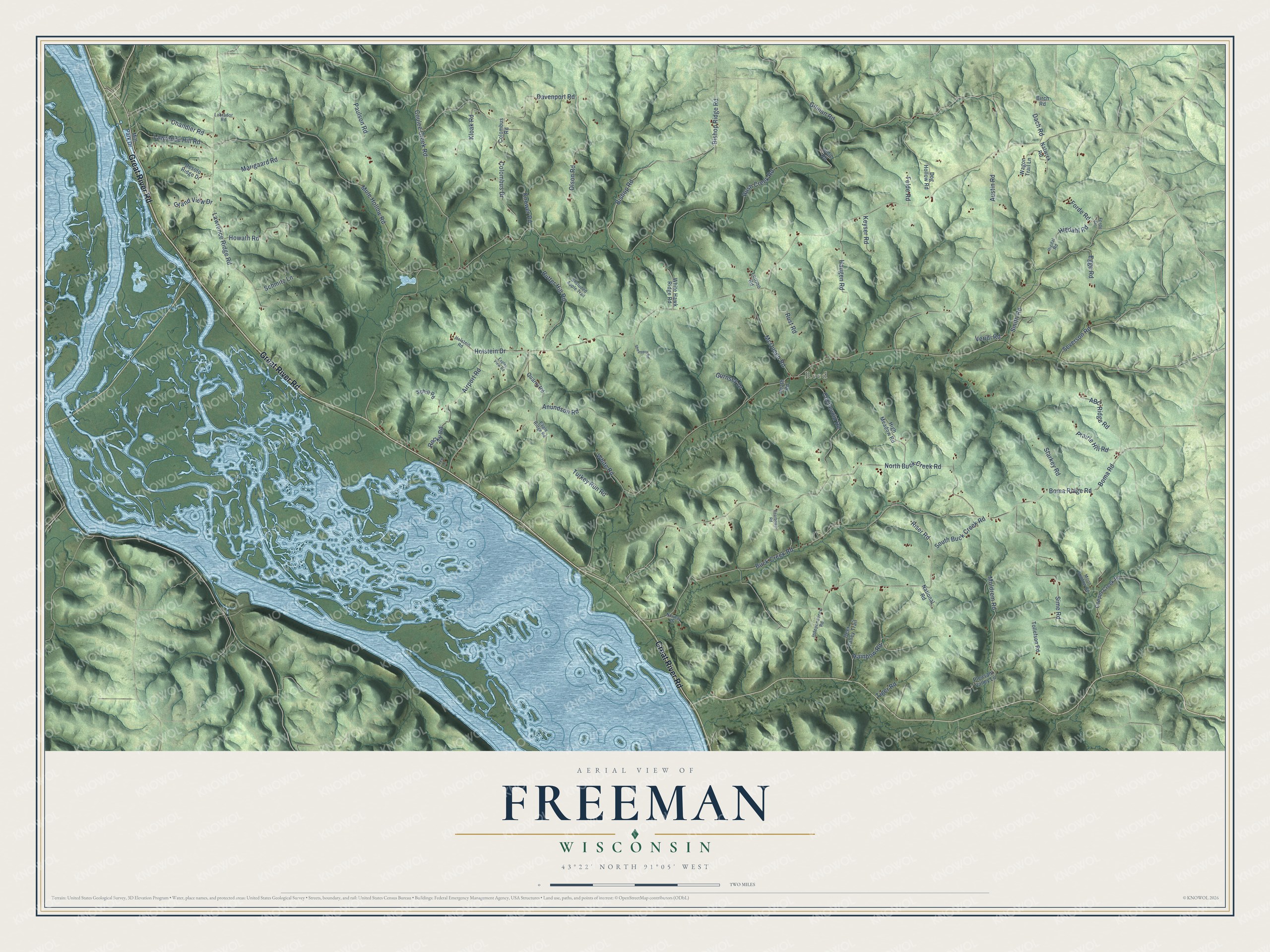 Full map of Freeman, Wisconsin, with red buildings, printed street names and the land around them