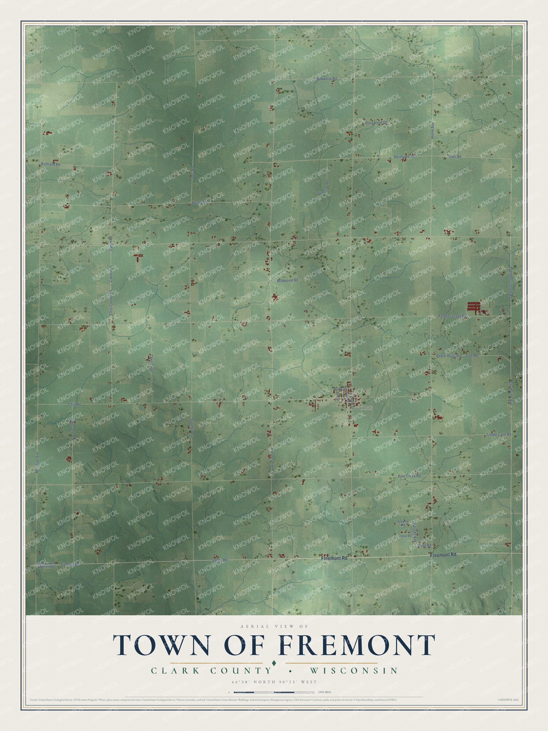 Full map of Fremont, Wisconsin, with red buildings, printed street names and the land around them