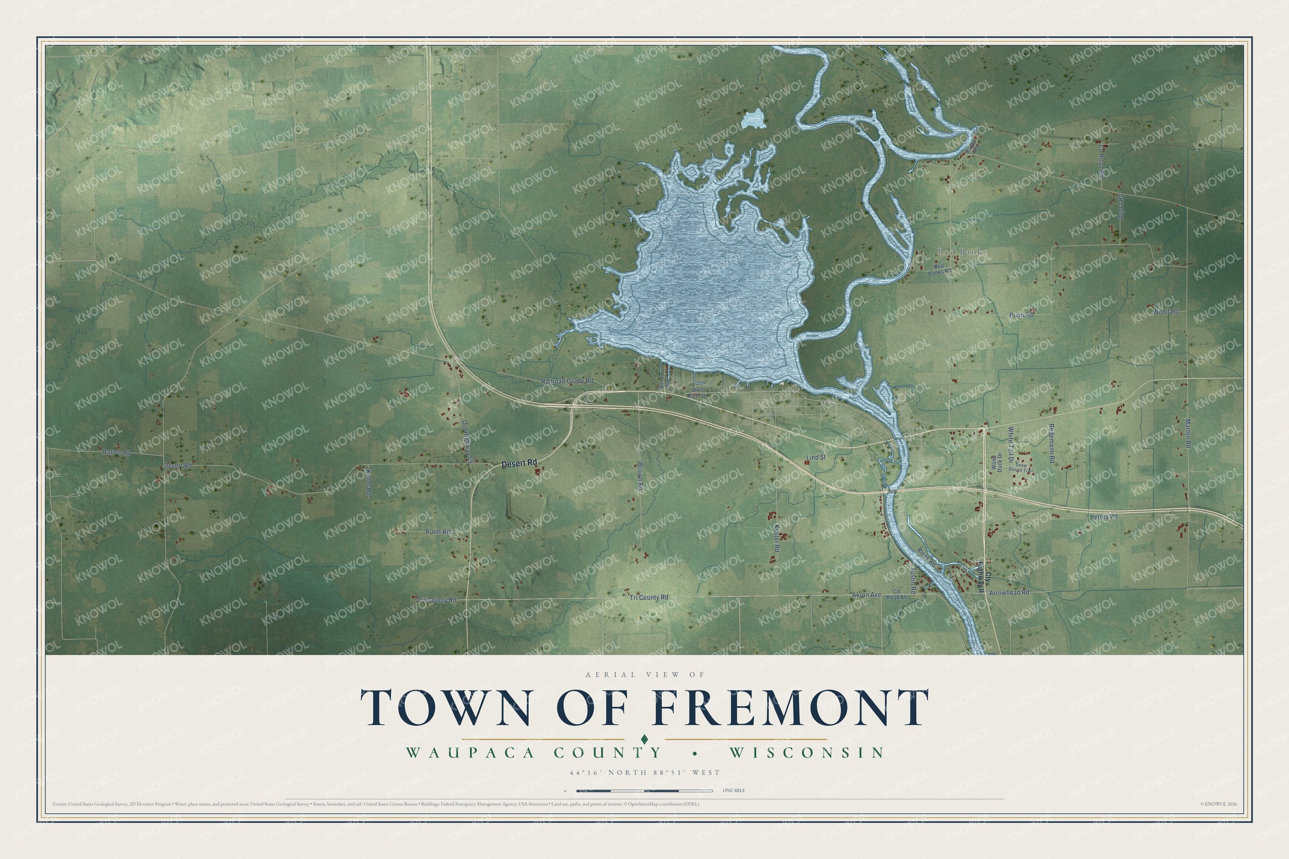 Full map of Fremont, Wisconsin, with red buildings, printed street names and the land around them