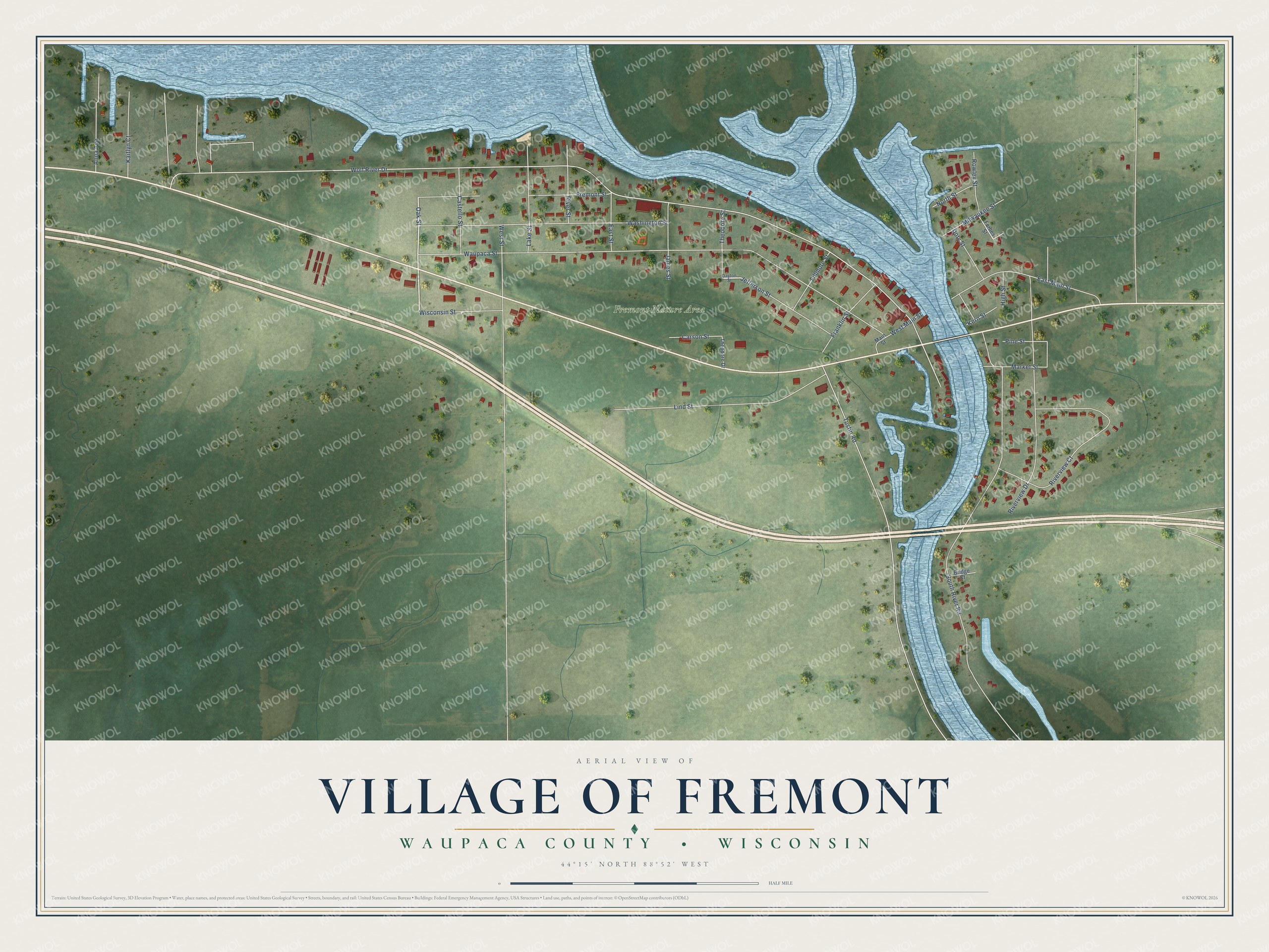 Full map of Fremont, Wisconsin, with red buildings, printed street names and the land around them