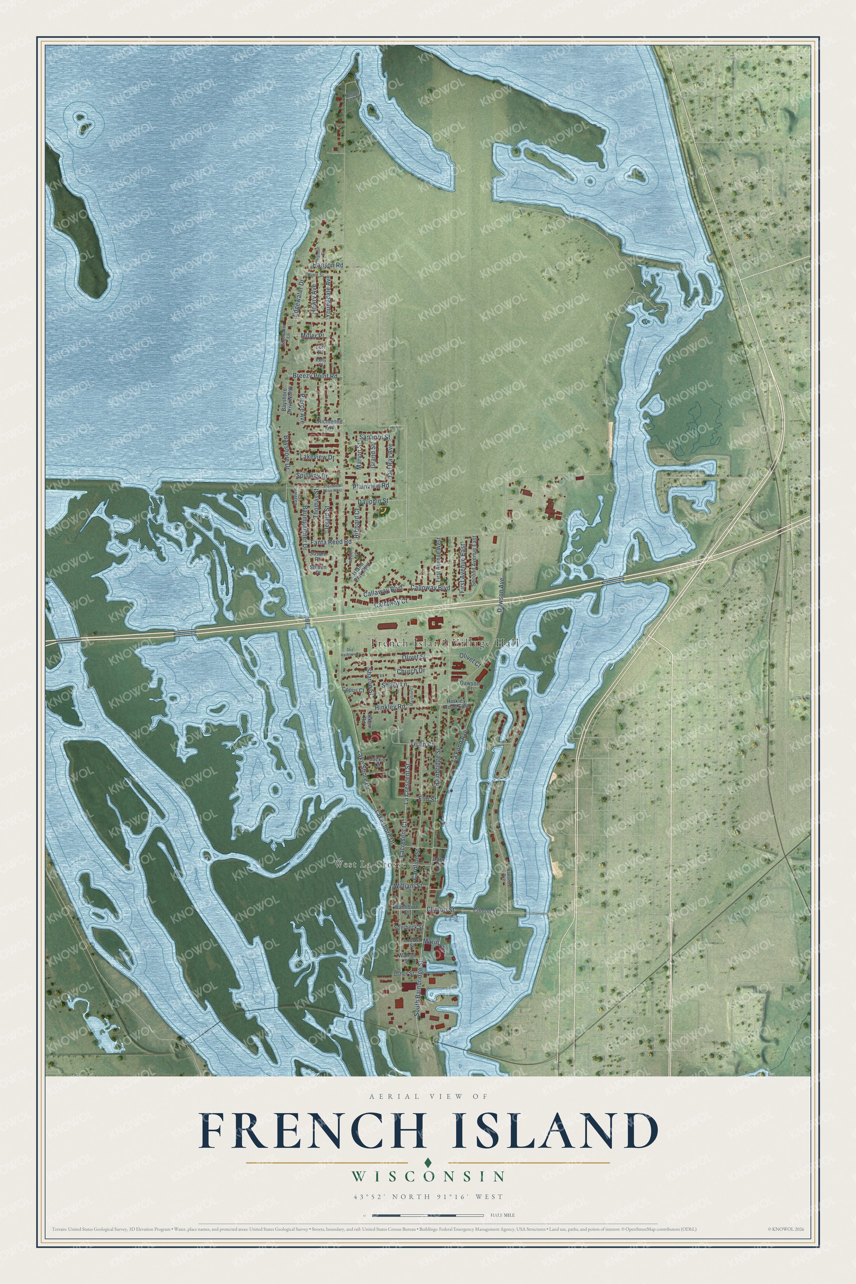 Watermarked full-map preview of French Island, Wisconsin