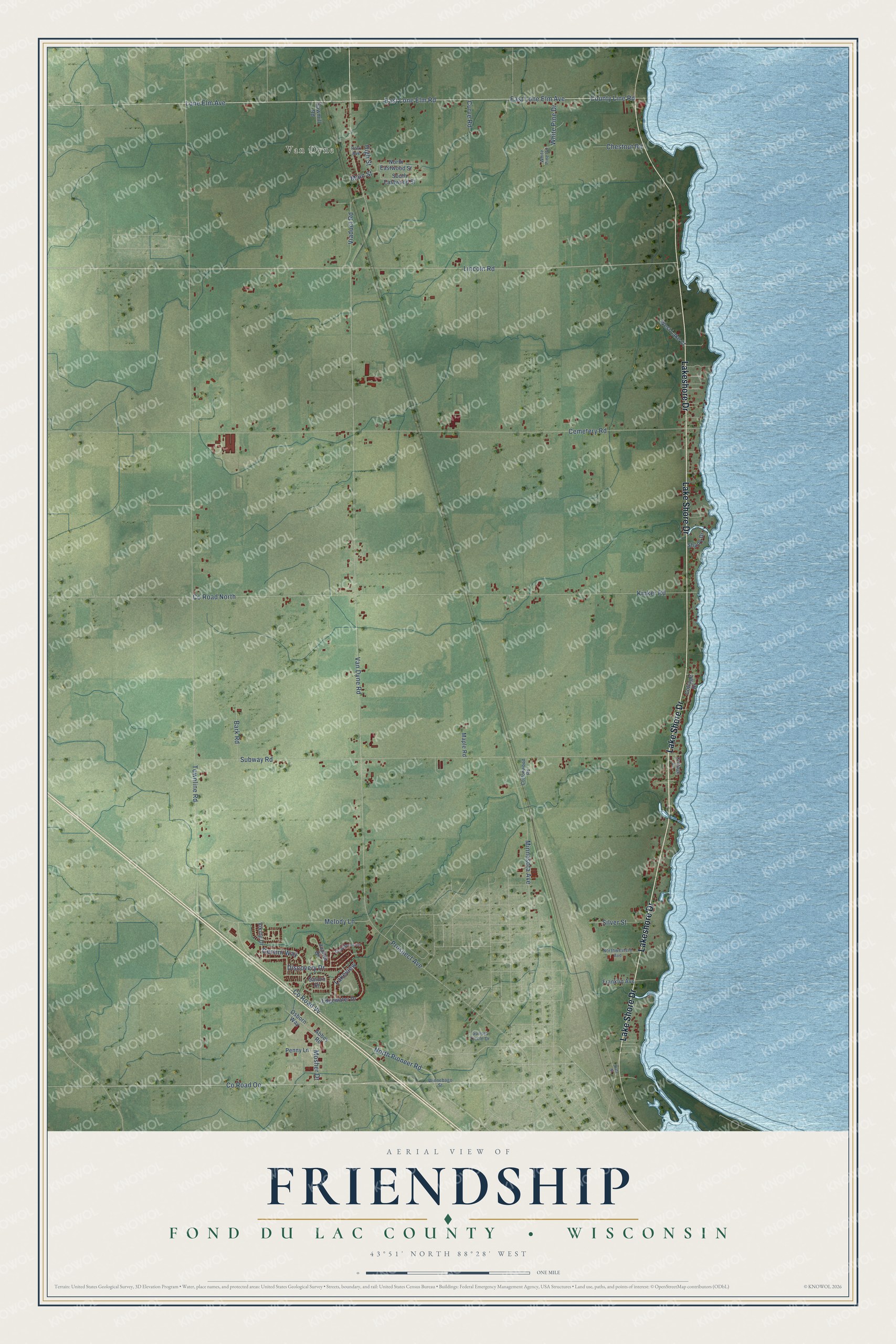 Full map of Friendship, Wisconsin, with red buildings, printed street names and the land around them