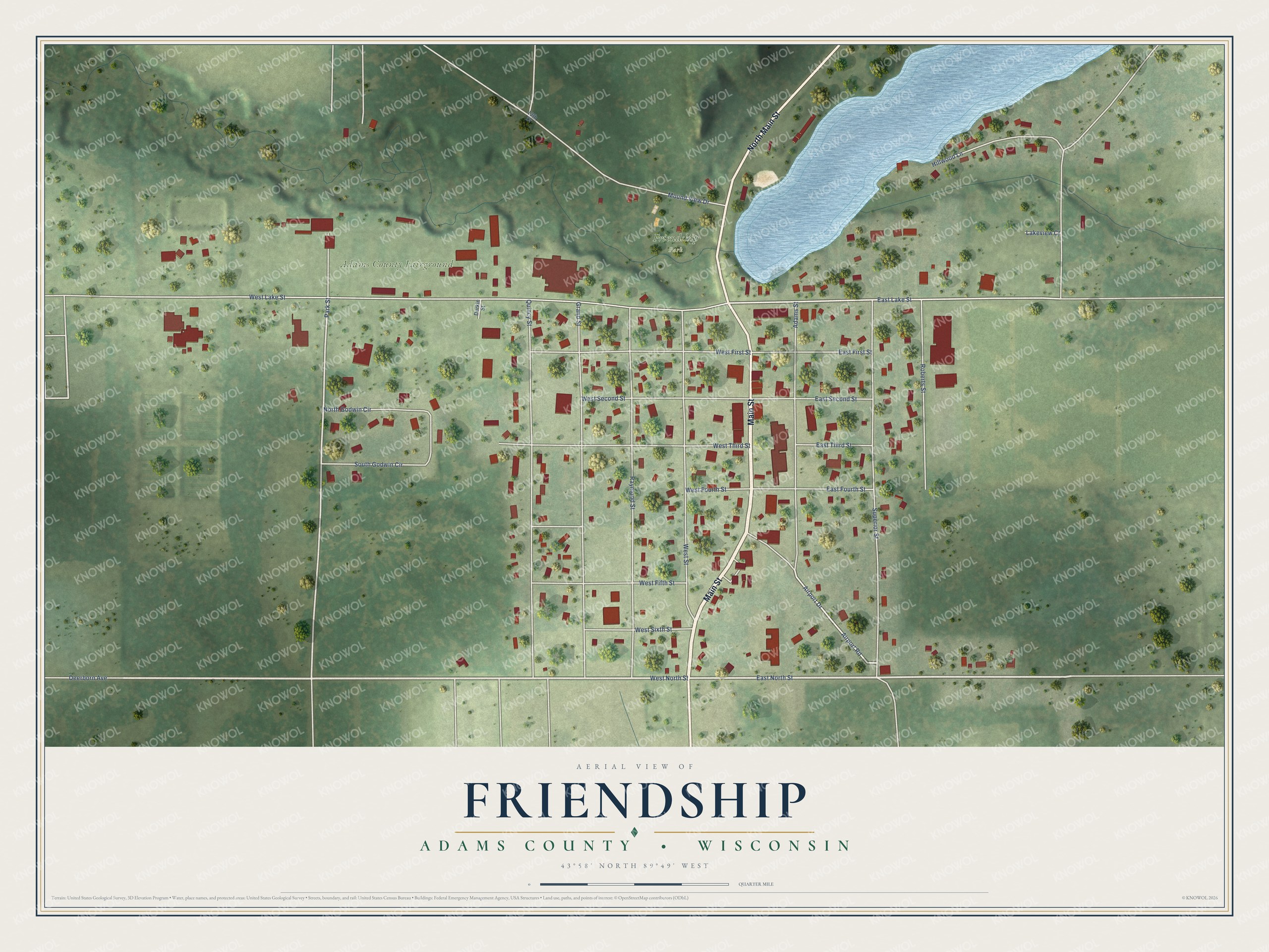 Full map of Friendship, Wisconsin, with red buildings, printed street names and the land around them