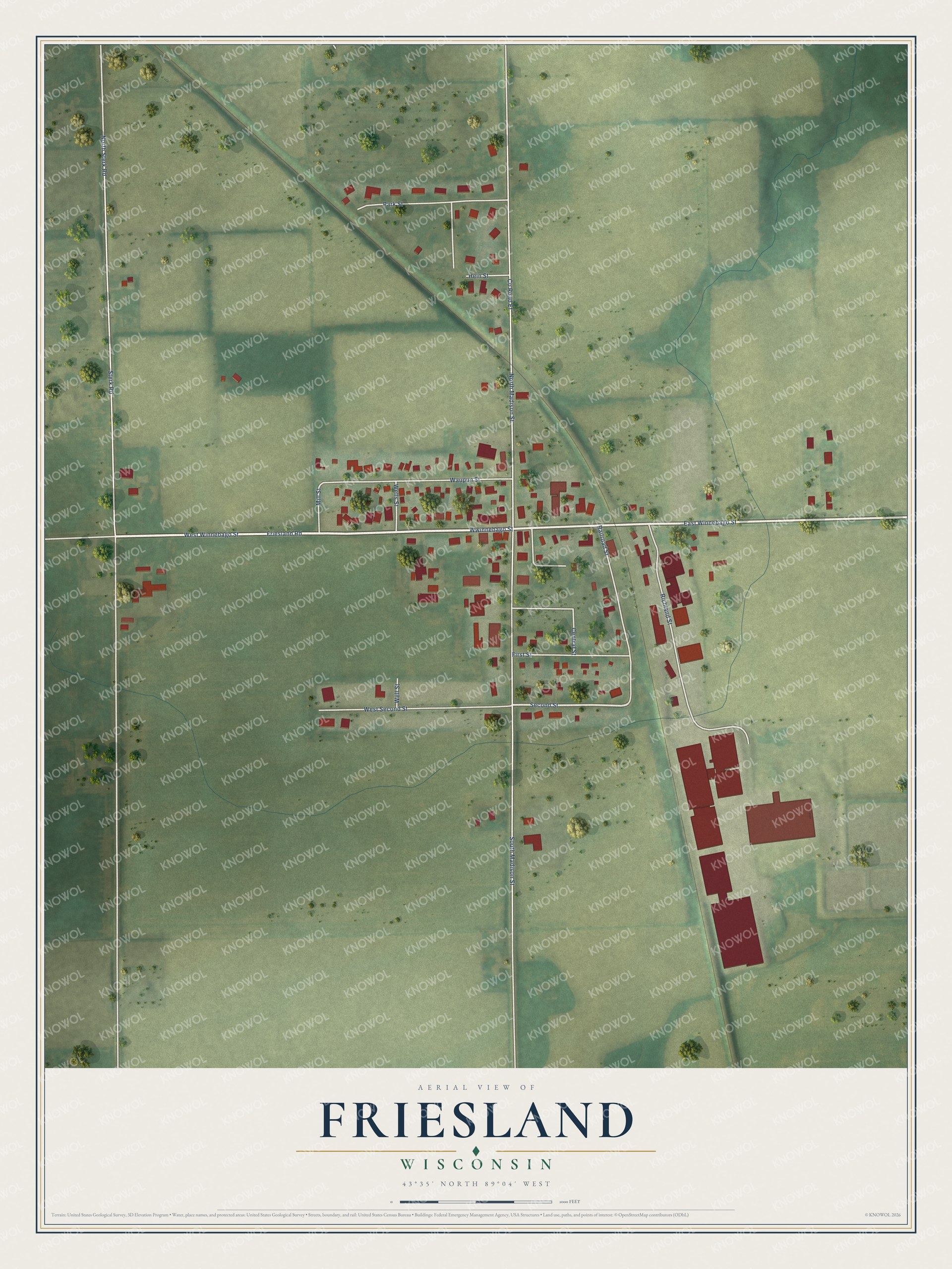 Full map of Friesland, Wisconsin, with red buildings, printed street names and the land around them