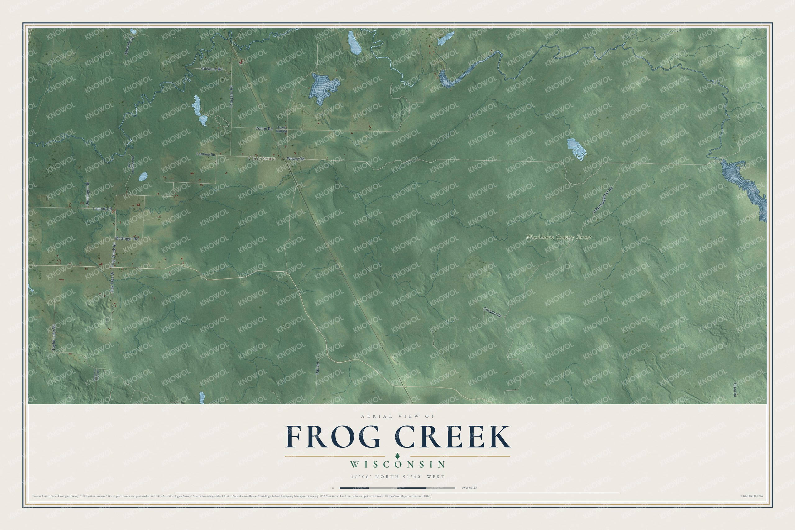 Full map of Frog Creek, Wisconsin, with red buildings, printed street names and the land around them