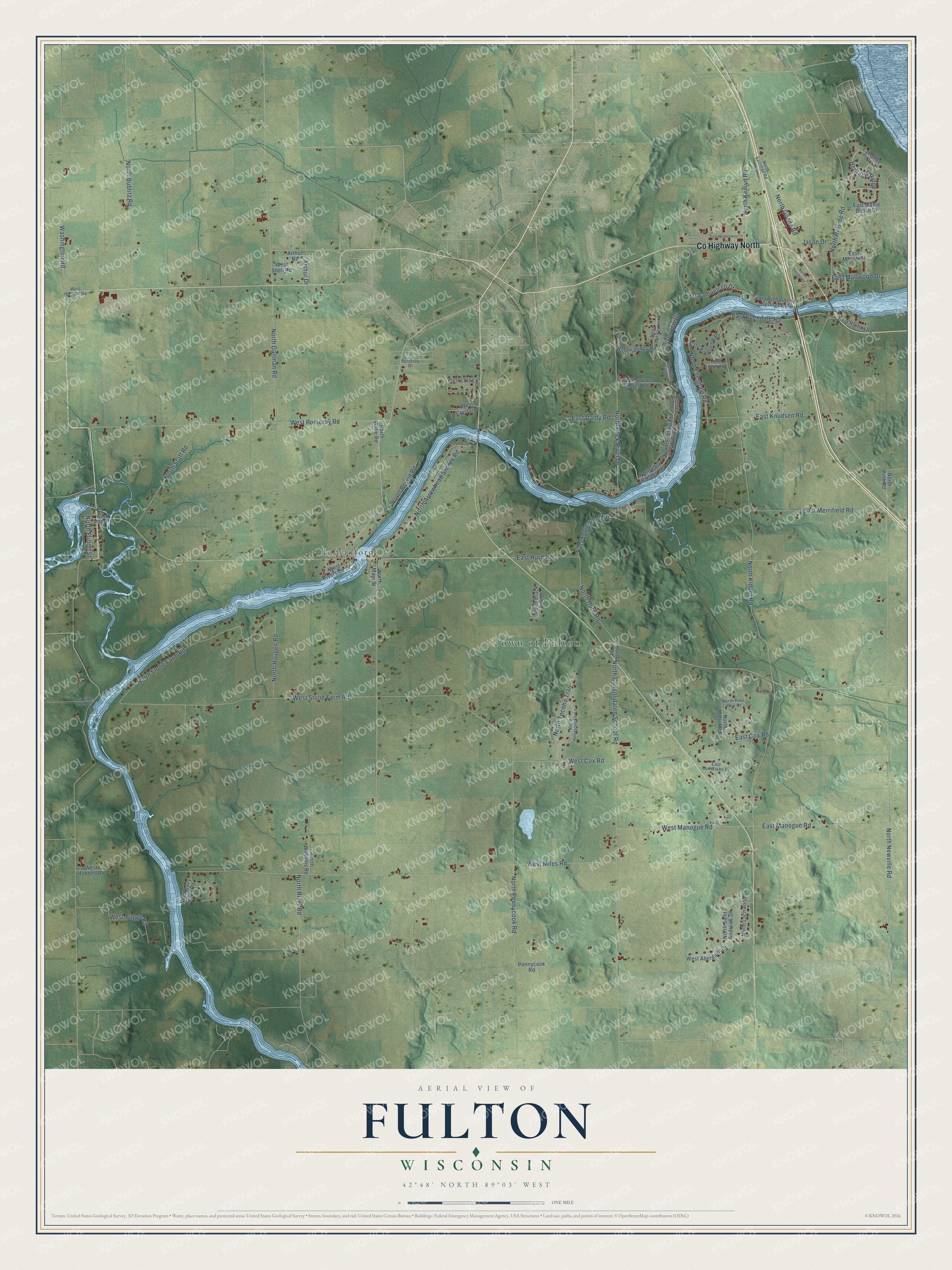Full map of Fulton, Wisconsin, with red buildings, printed street names and the land around them