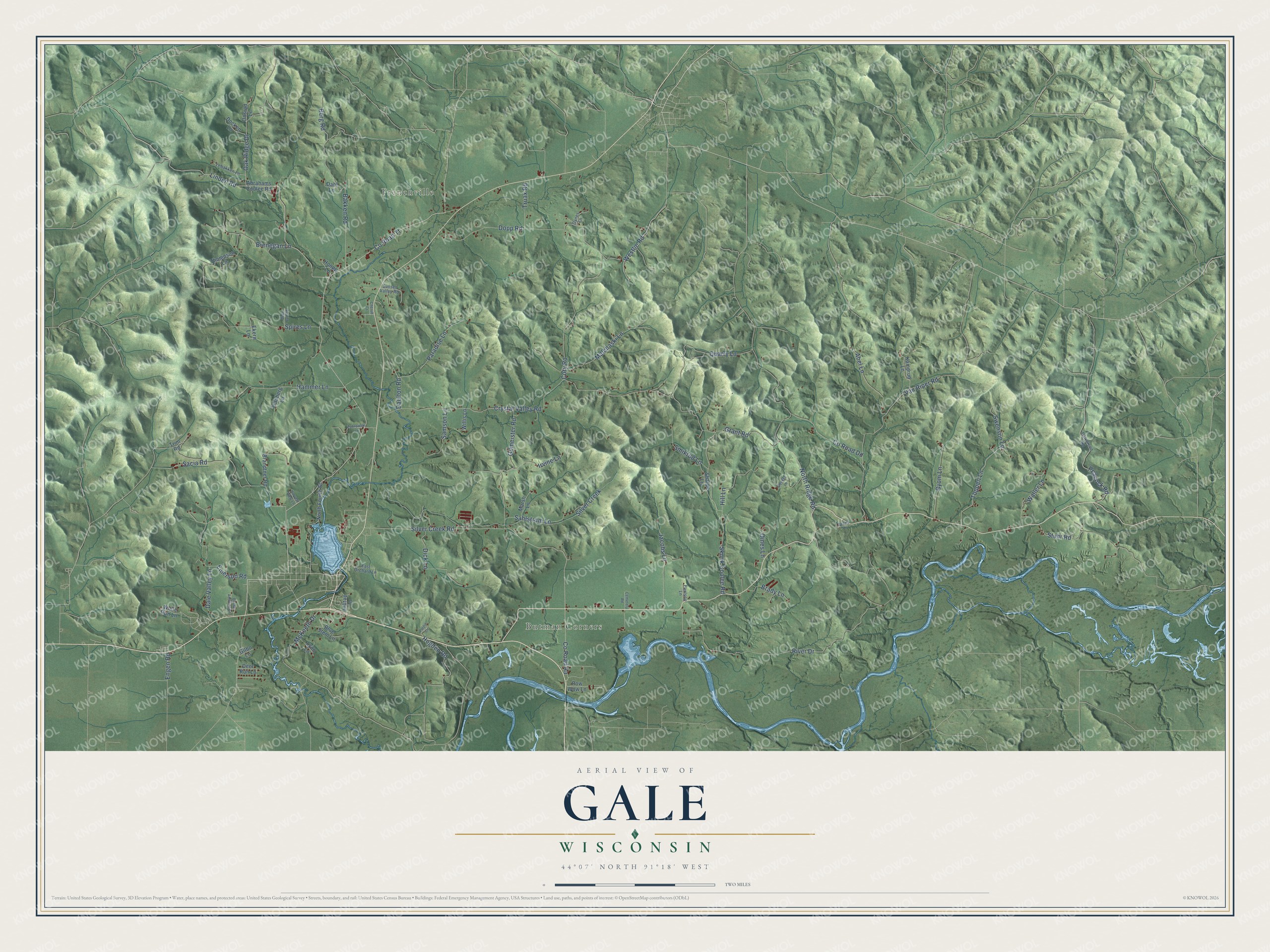 Full map of Gale, Wisconsin, with red buildings, printed street names and the land around them