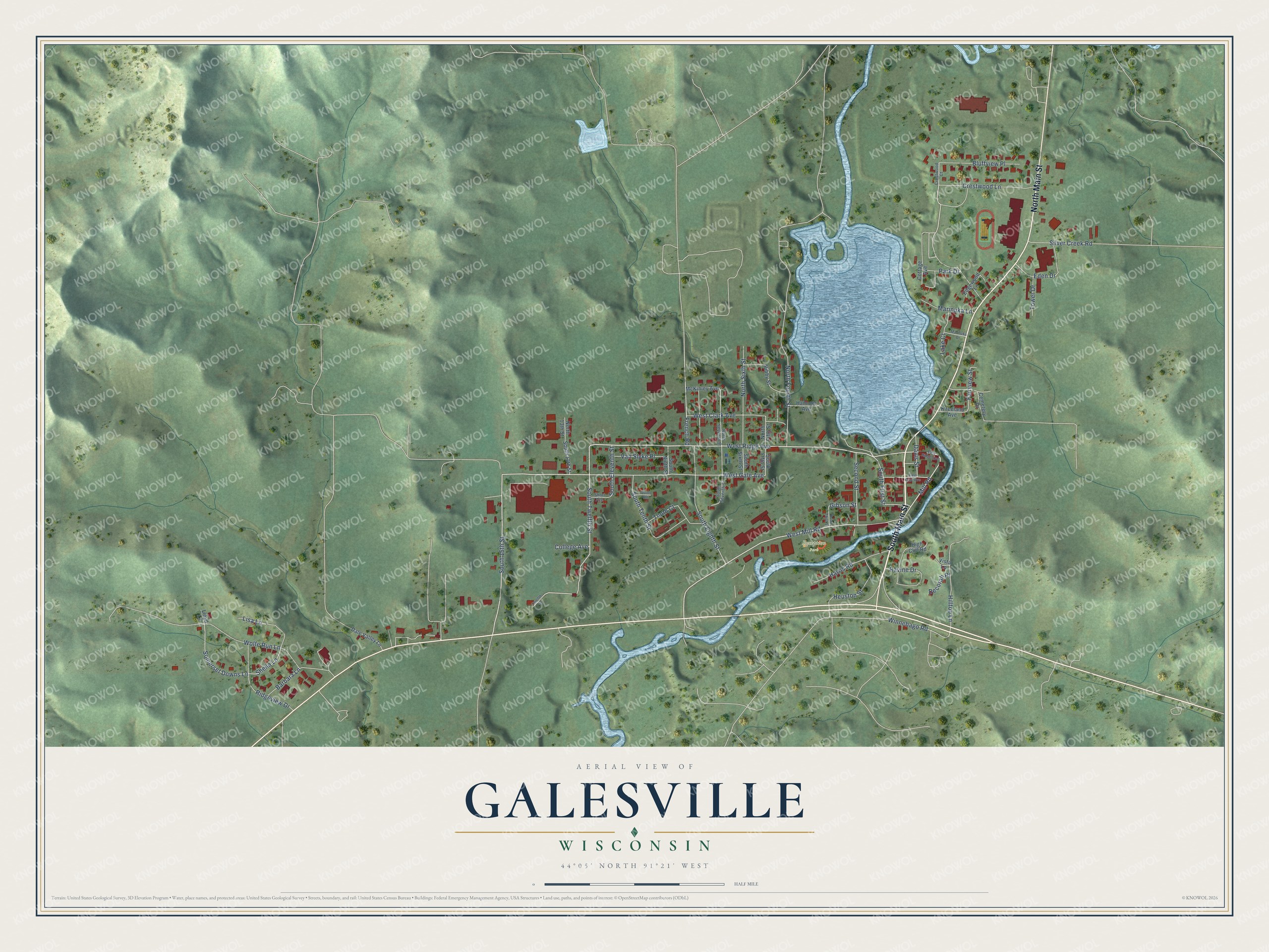 Full map of Galesville, Wisconsin, with red buildings, printed street names and the land around them