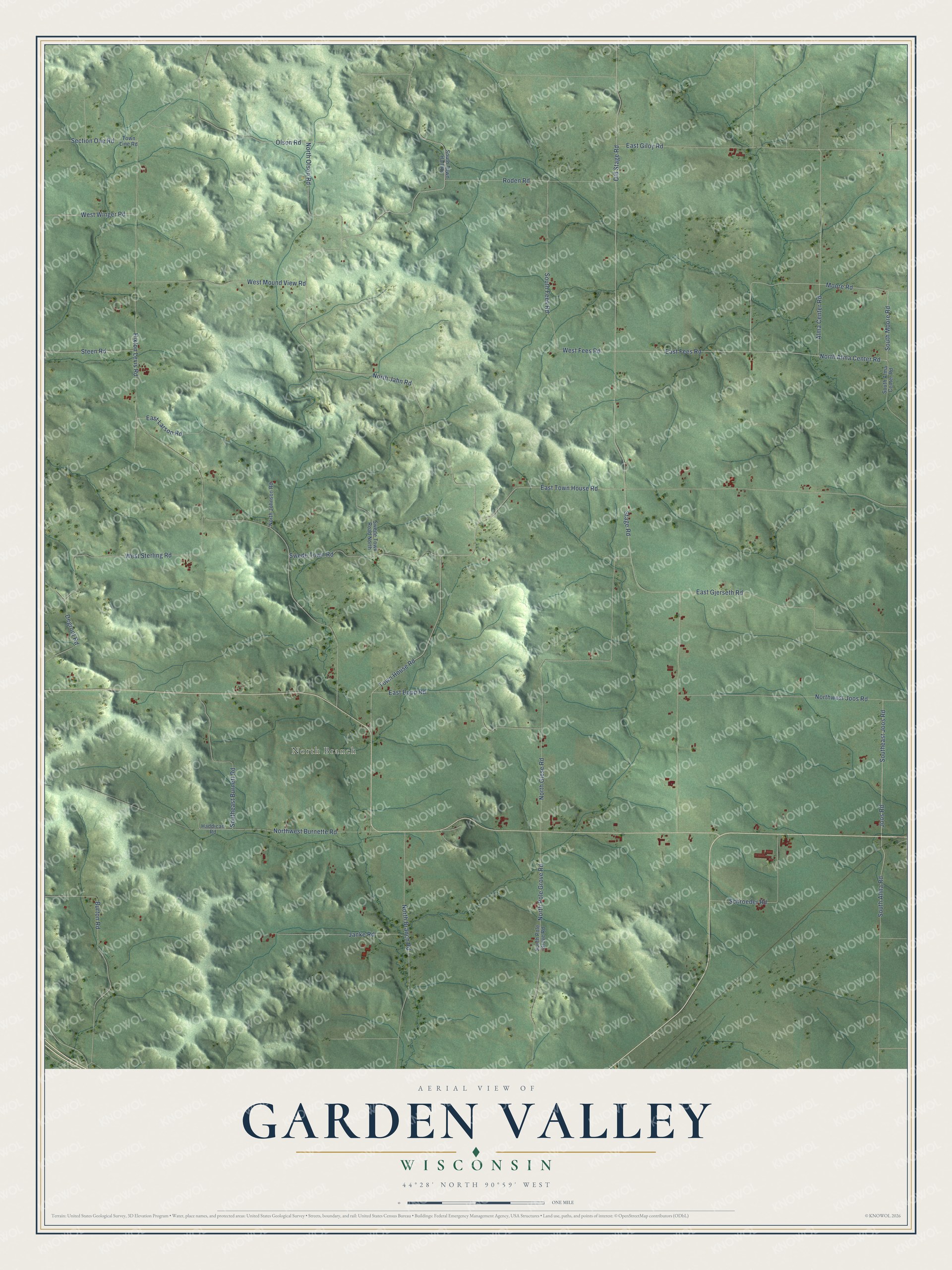 Full map of Garden Valley, Wisconsin, with red buildings, printed street names and the land around them