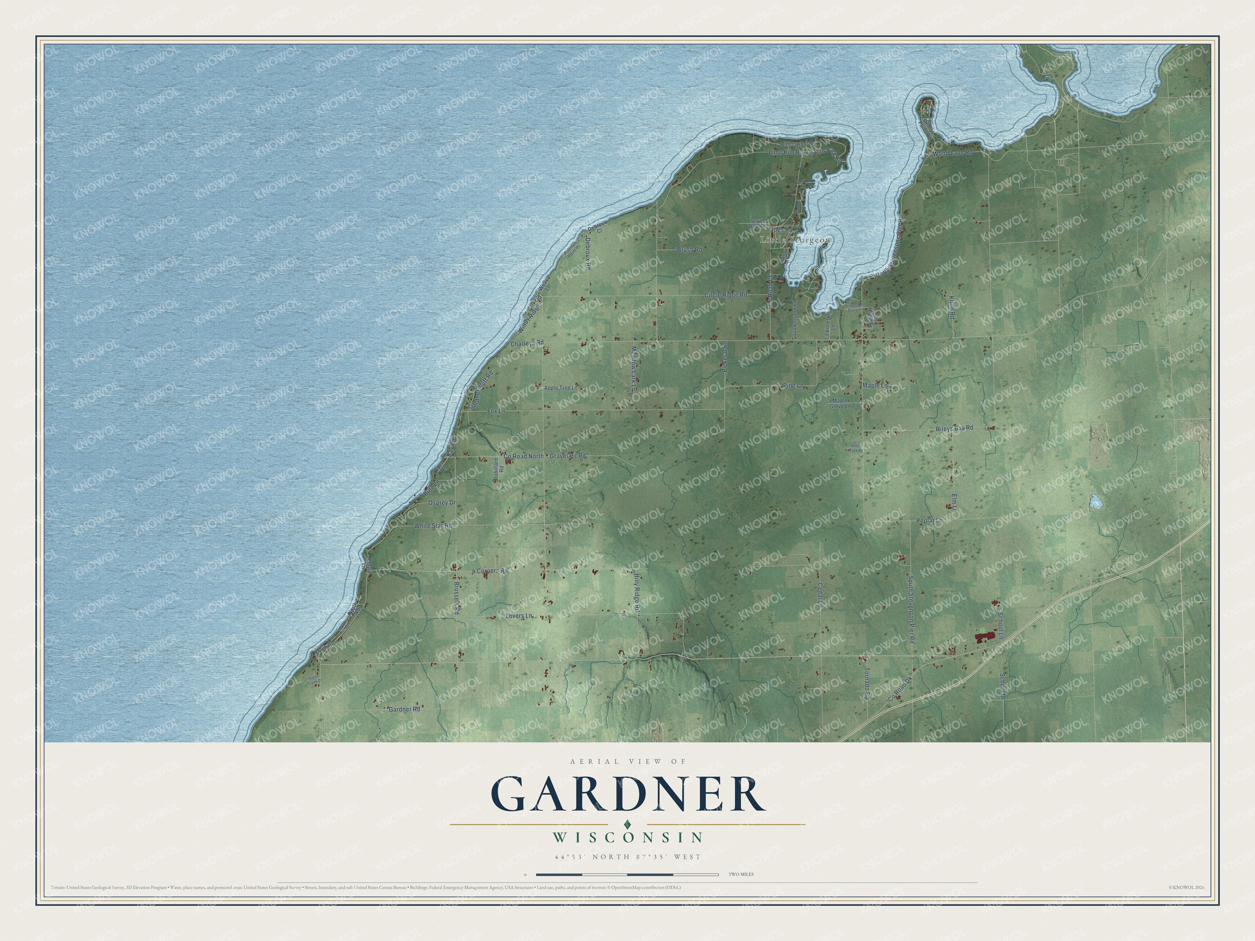 Full map of Gardner, Wisconsin, with red buildings, printed street names and the land around them
