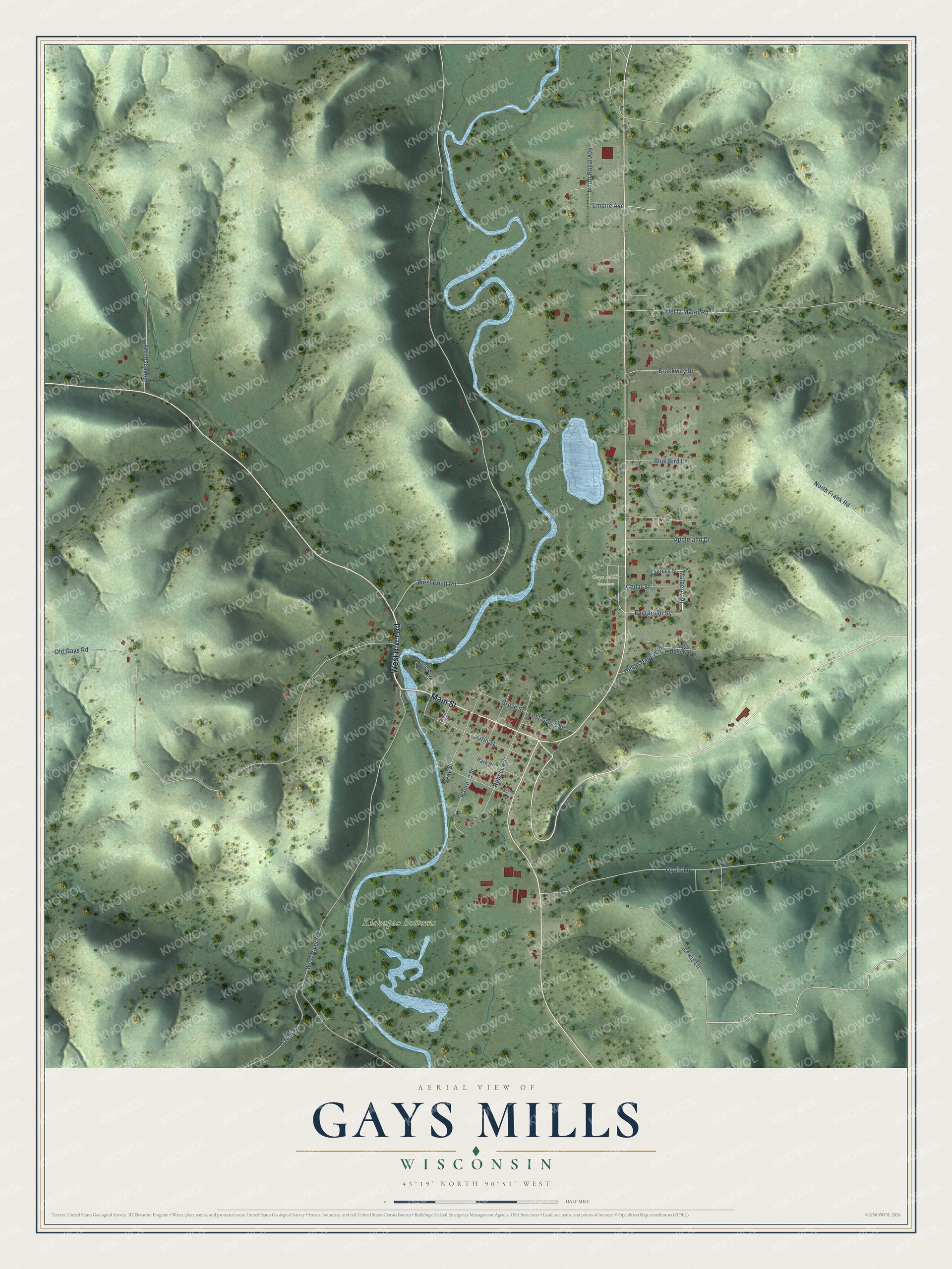 Full map of Gays Mills, Wisconsin, with red buildings, printed street names and the land around them