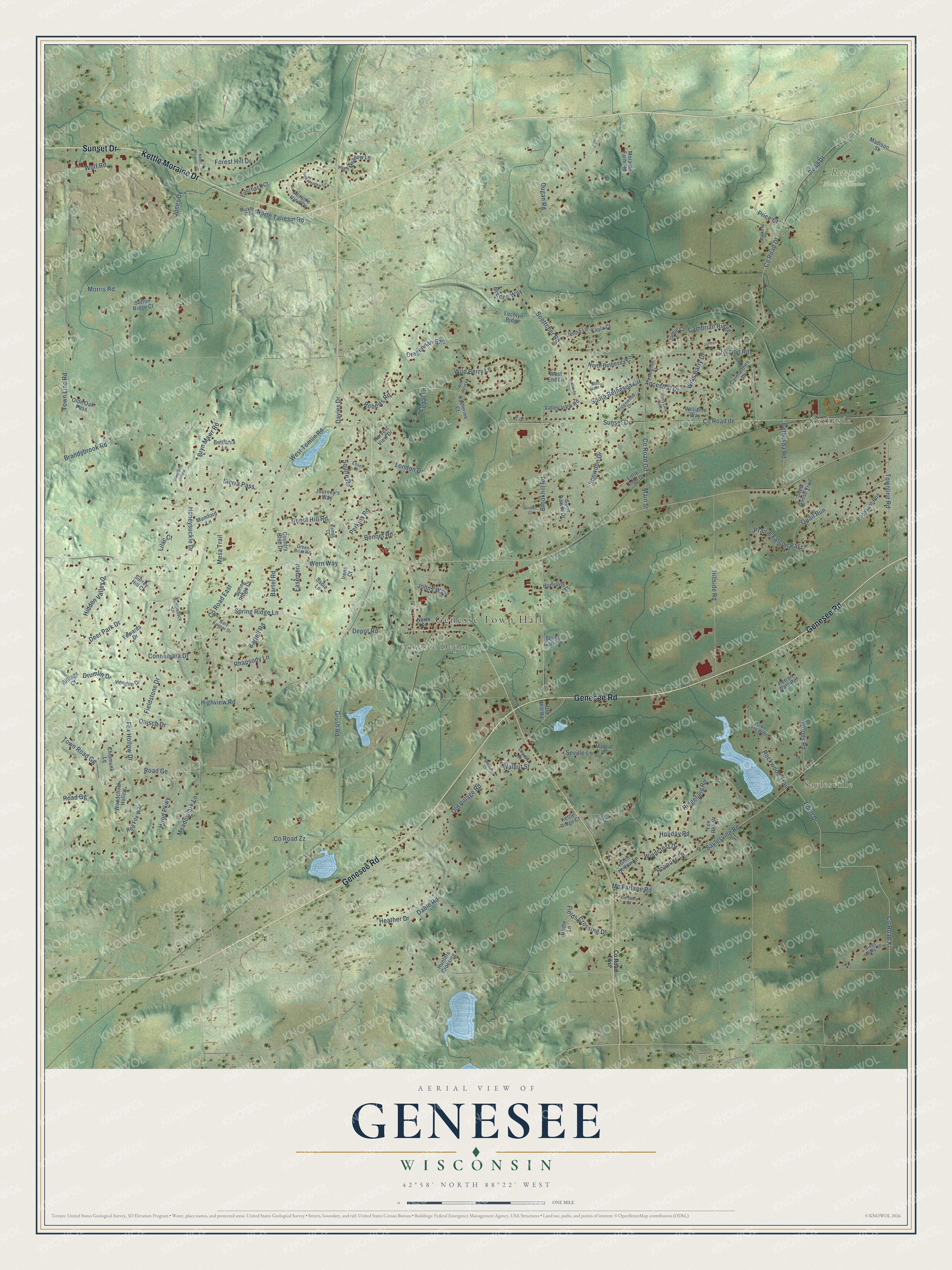 Full map of Genesee, Wisconsin, with red buildings, printed street names and the land around them