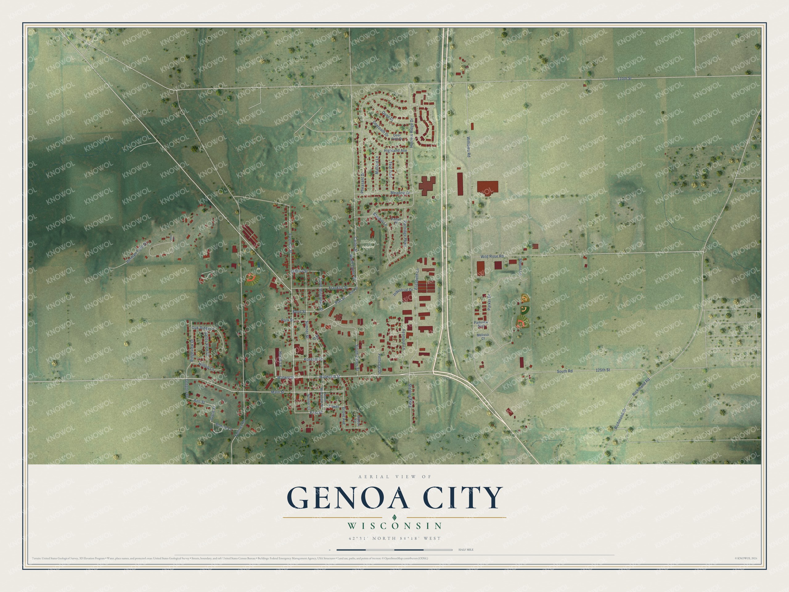 Full map of Genoa City, Wisconsin, with red buildings, printed street names and the land around them