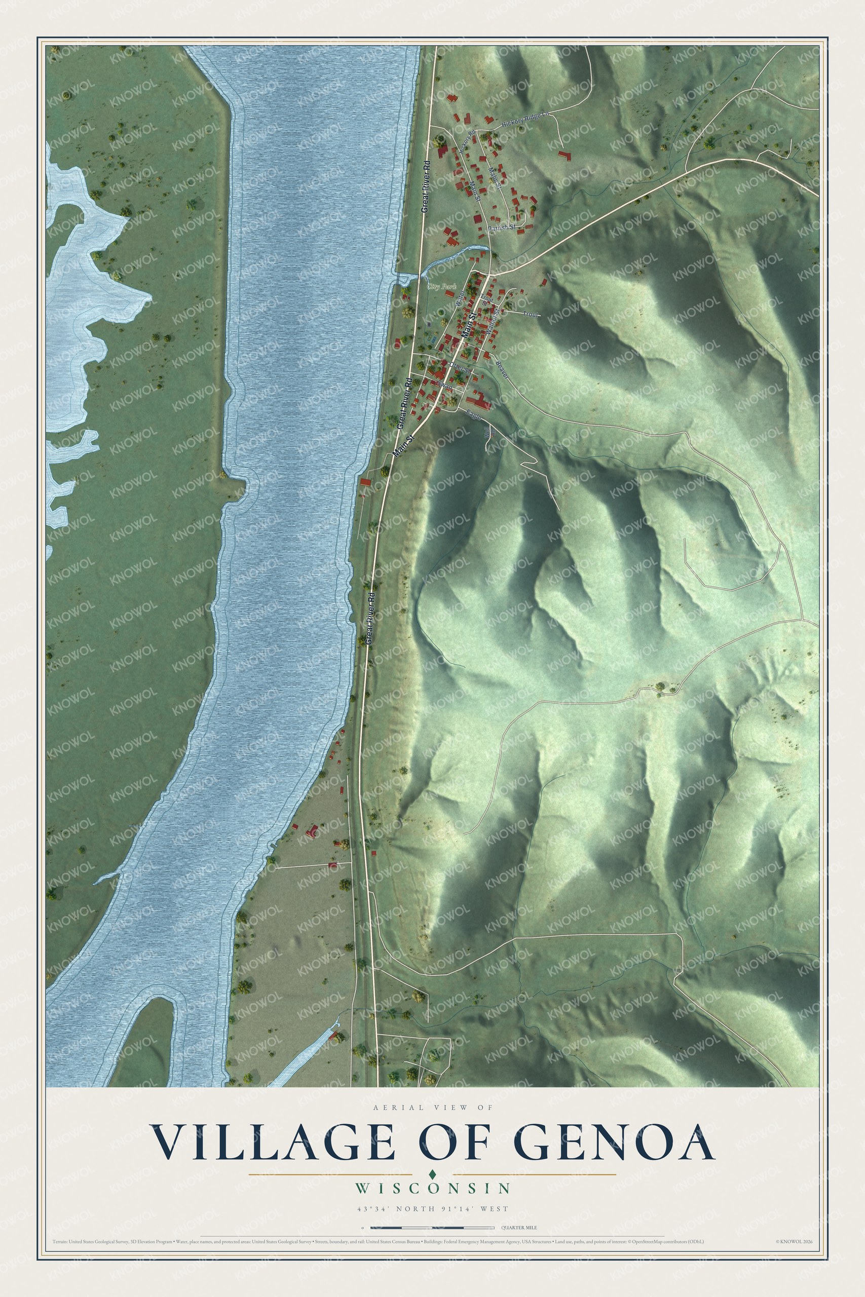 Full map of Genoa, Wisconsin, with red buildings, printed street names and the land around them