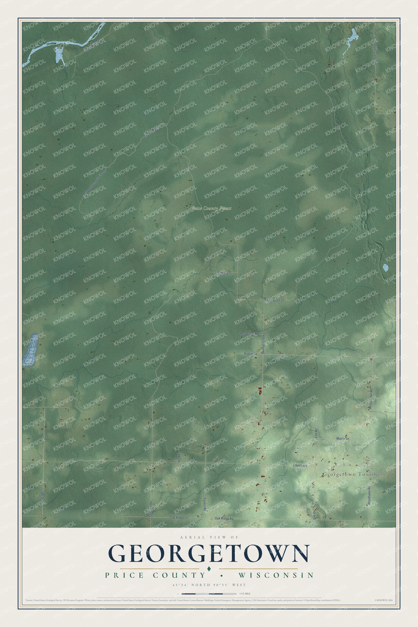 Full map of Georgetown, Wisconsin, with red buildings, printed street names and the land around them