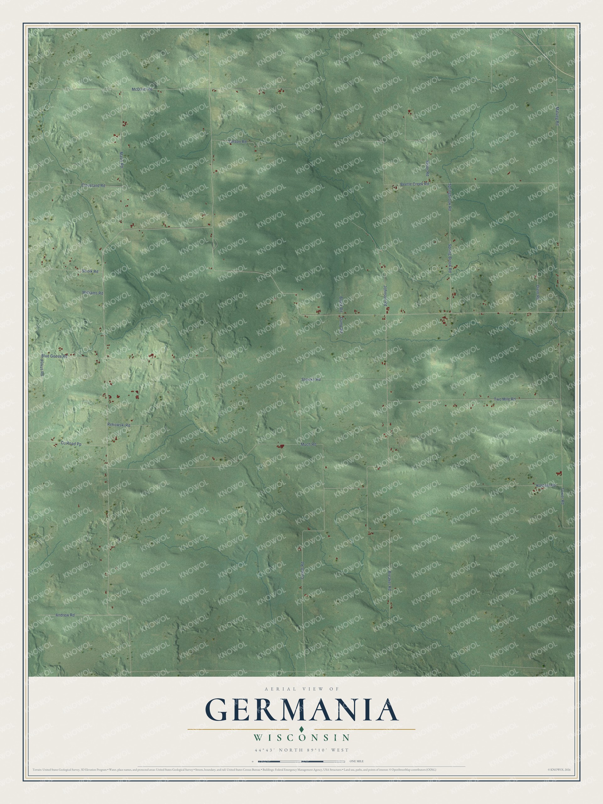 Full map of Germania, Wisconsin, with red buildings, printed street names and the land around them