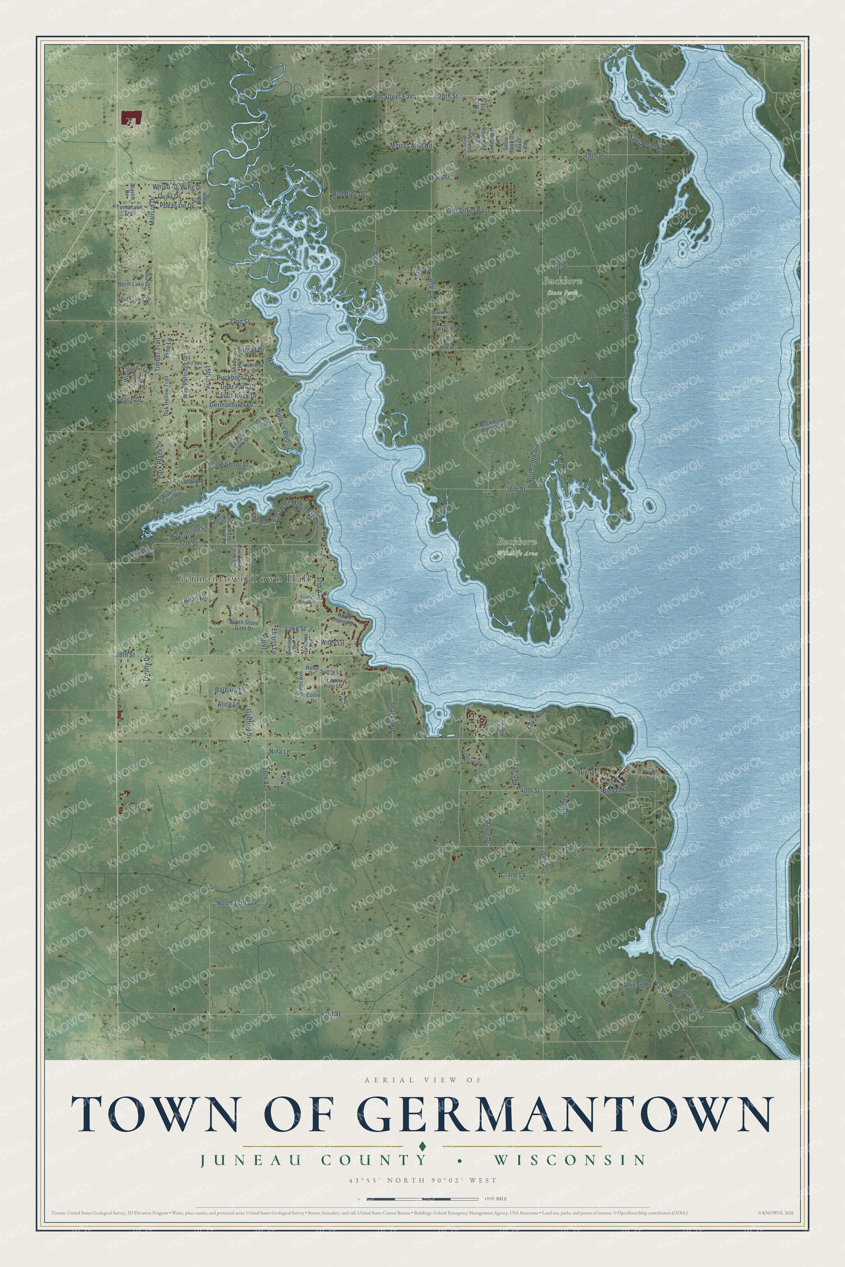 Full map of Germantown, Wisconsin, with red buildings, printed street names and the land around them