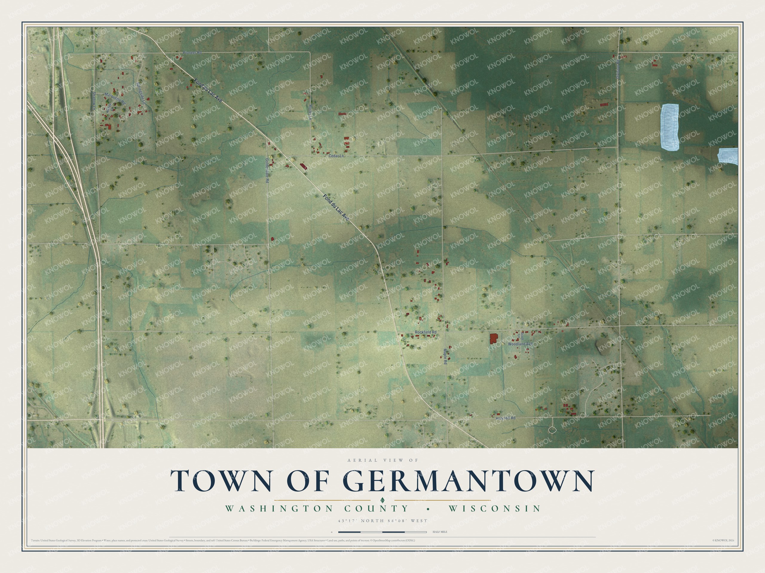 Full map of Germantown, Wisconsin, with red buildings, printed street names and the land around them