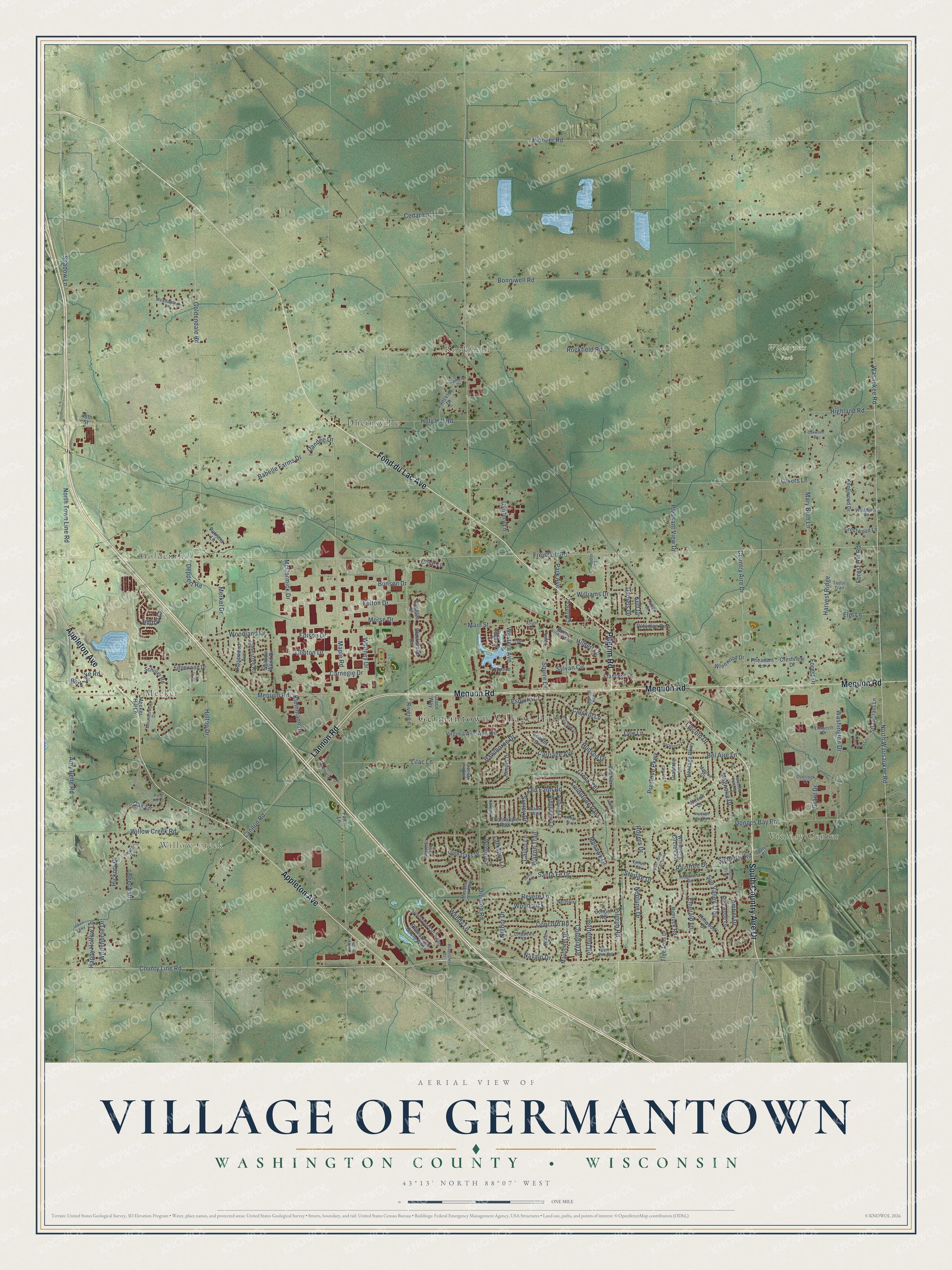 Full map of Germantown, Wisconsin, with red buildings, printed street names and the land around them