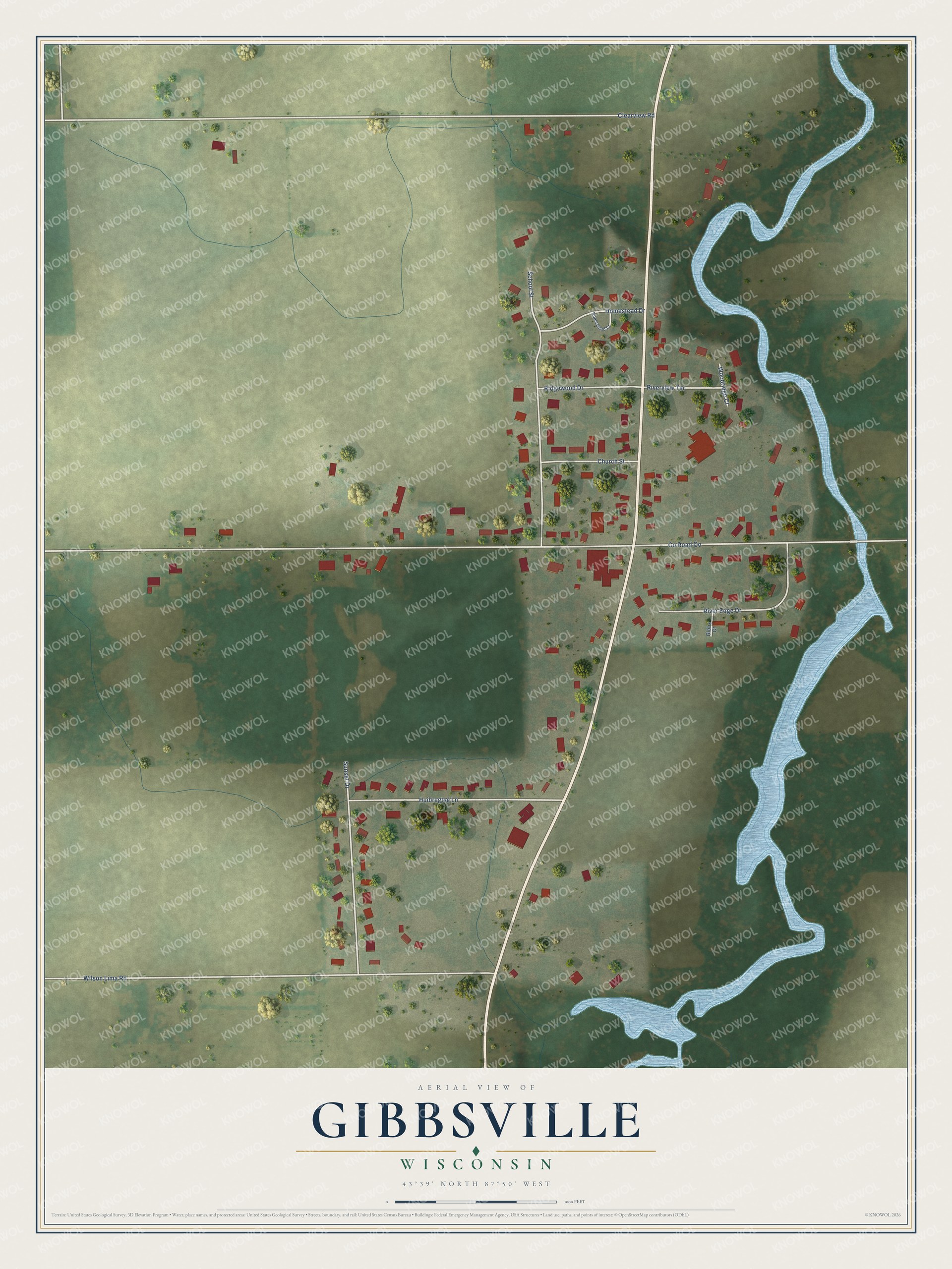 Full map of Gibbsville, Wisconsin, with red buildings, printed street names and the land around them