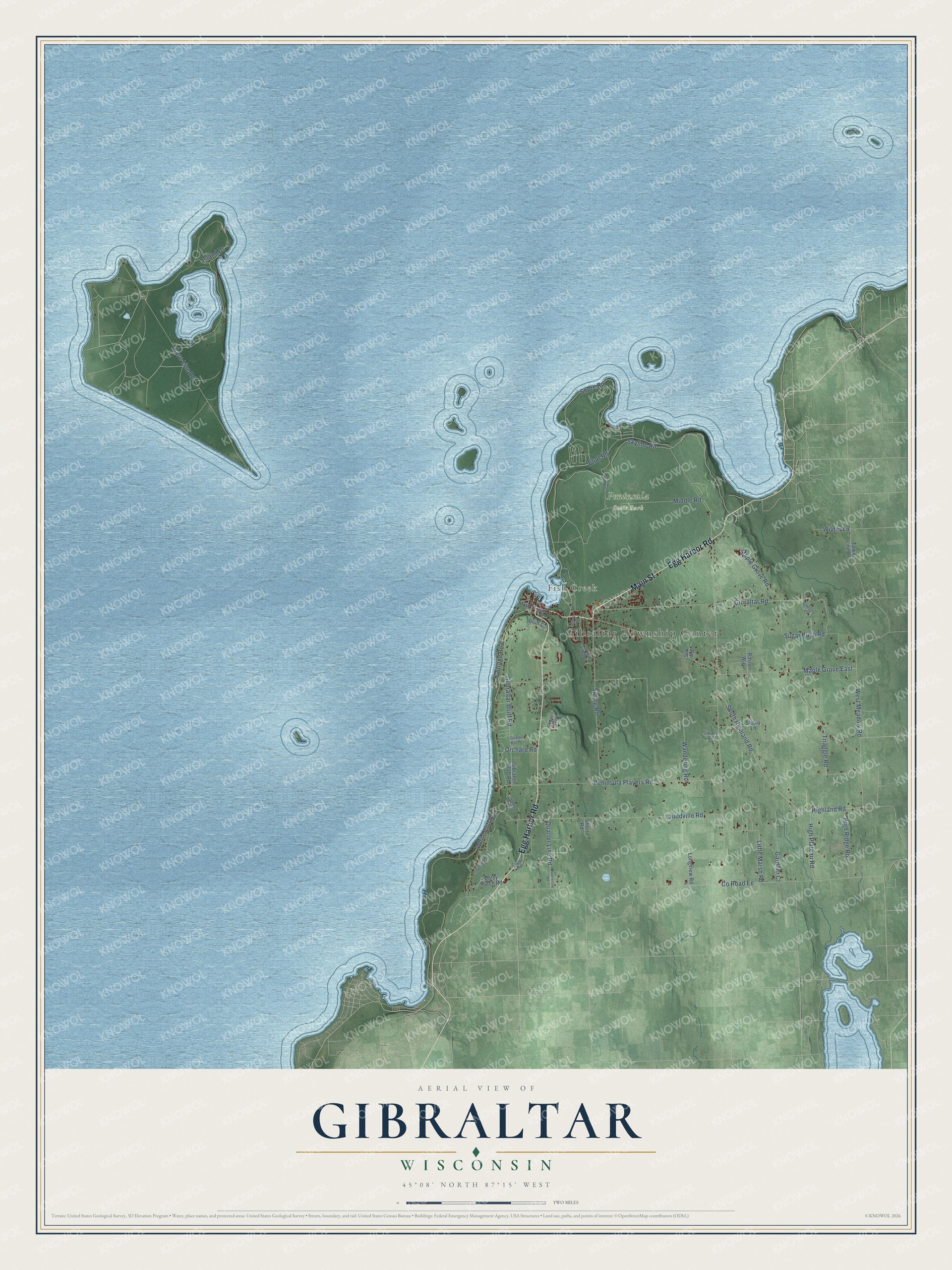 Full map of Gibraltar, Wisconsin, with red buildings, printed street names and the land around them