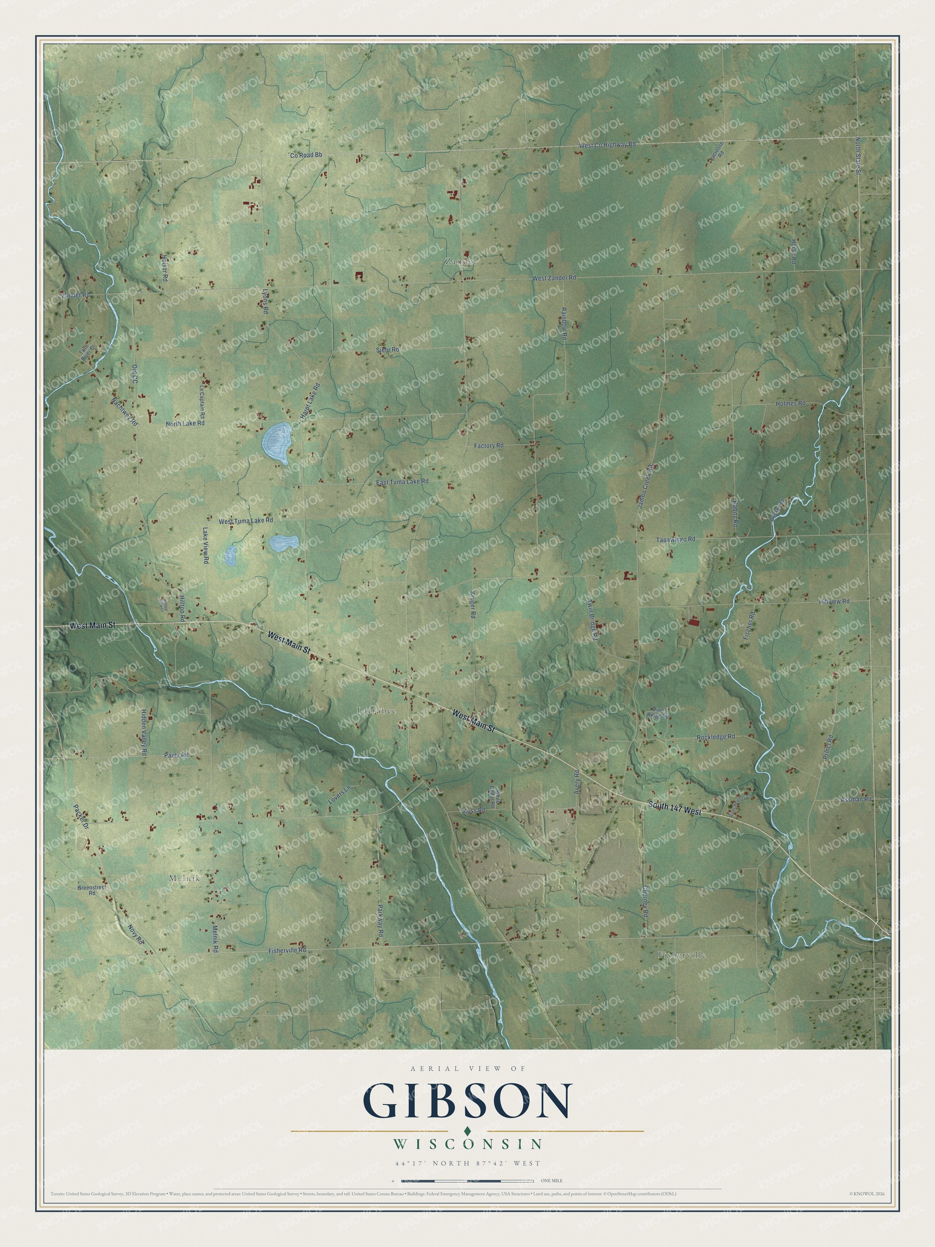 Full map of Gibson, Wisconsin, with red buildings, printed street names and the land around them