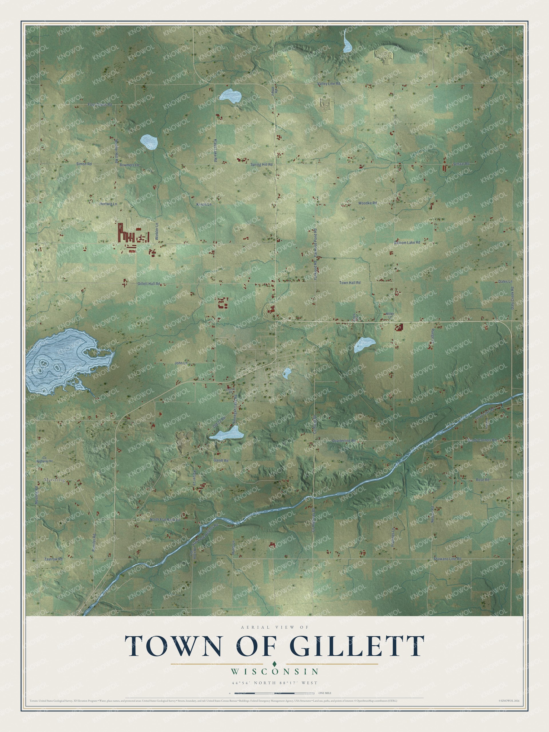 Full map of Gillett, Wisconsin, with red buildings, printed street names and the land around them