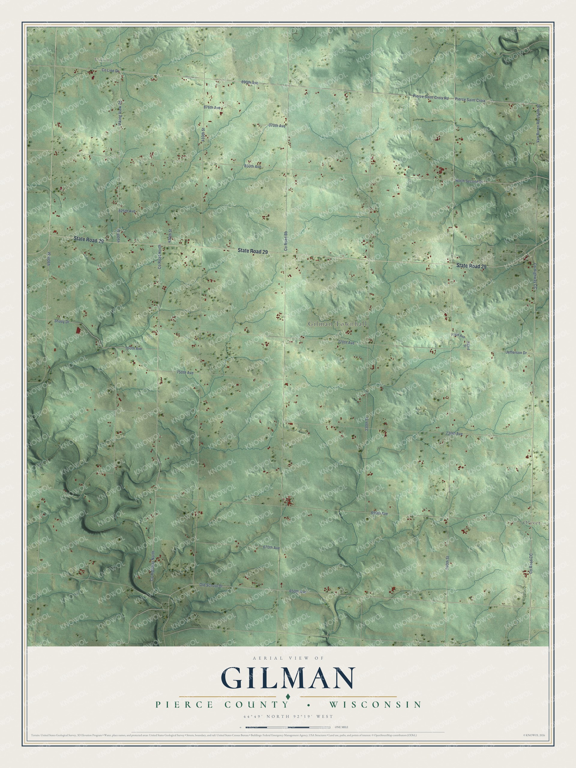Full map of Gilman, Wisconsin, with red buildings, printed street names and the land around them