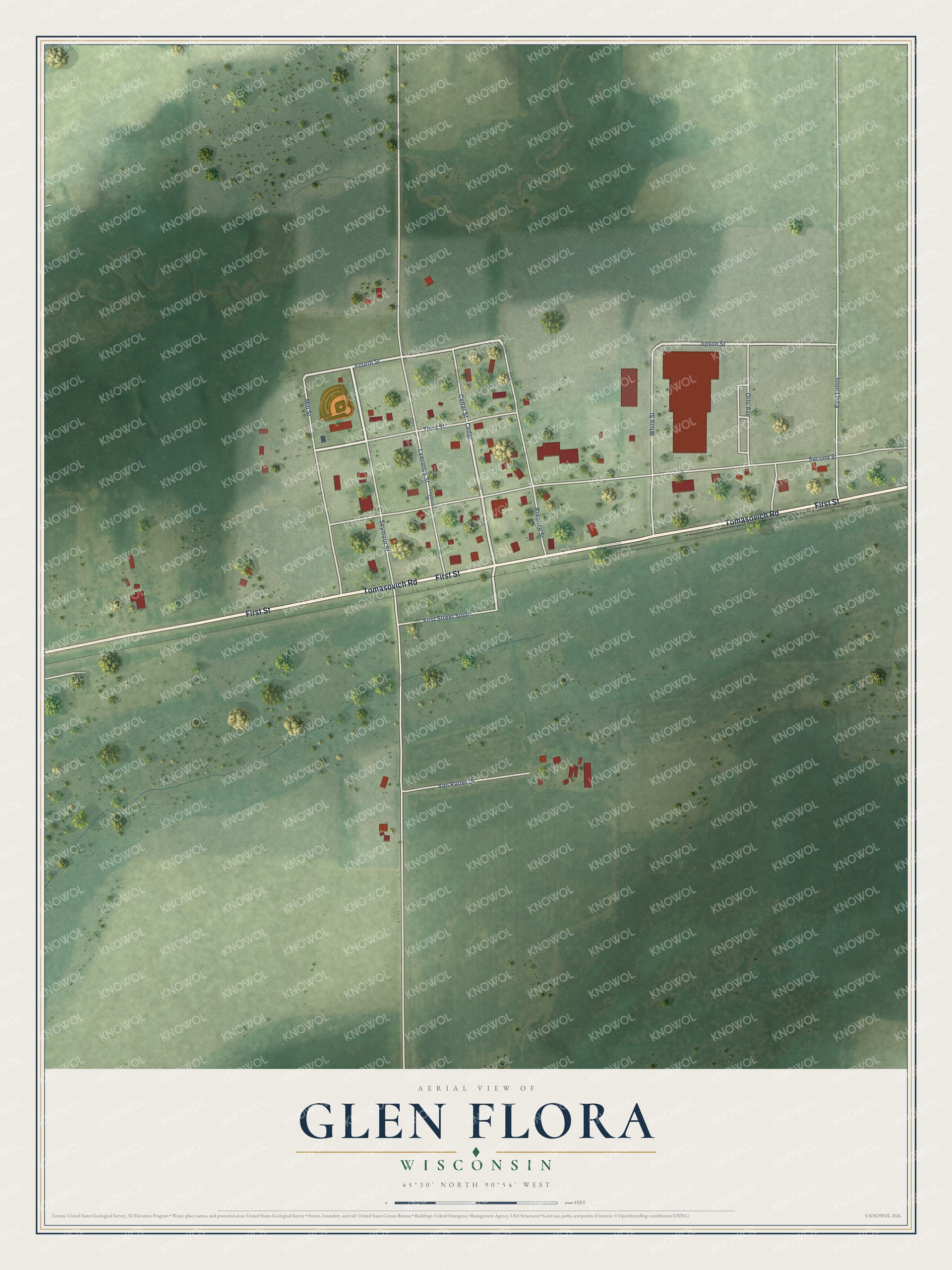 Full map of Glen Flora, Wisconsin, with red buildings, printed street names and the land around them