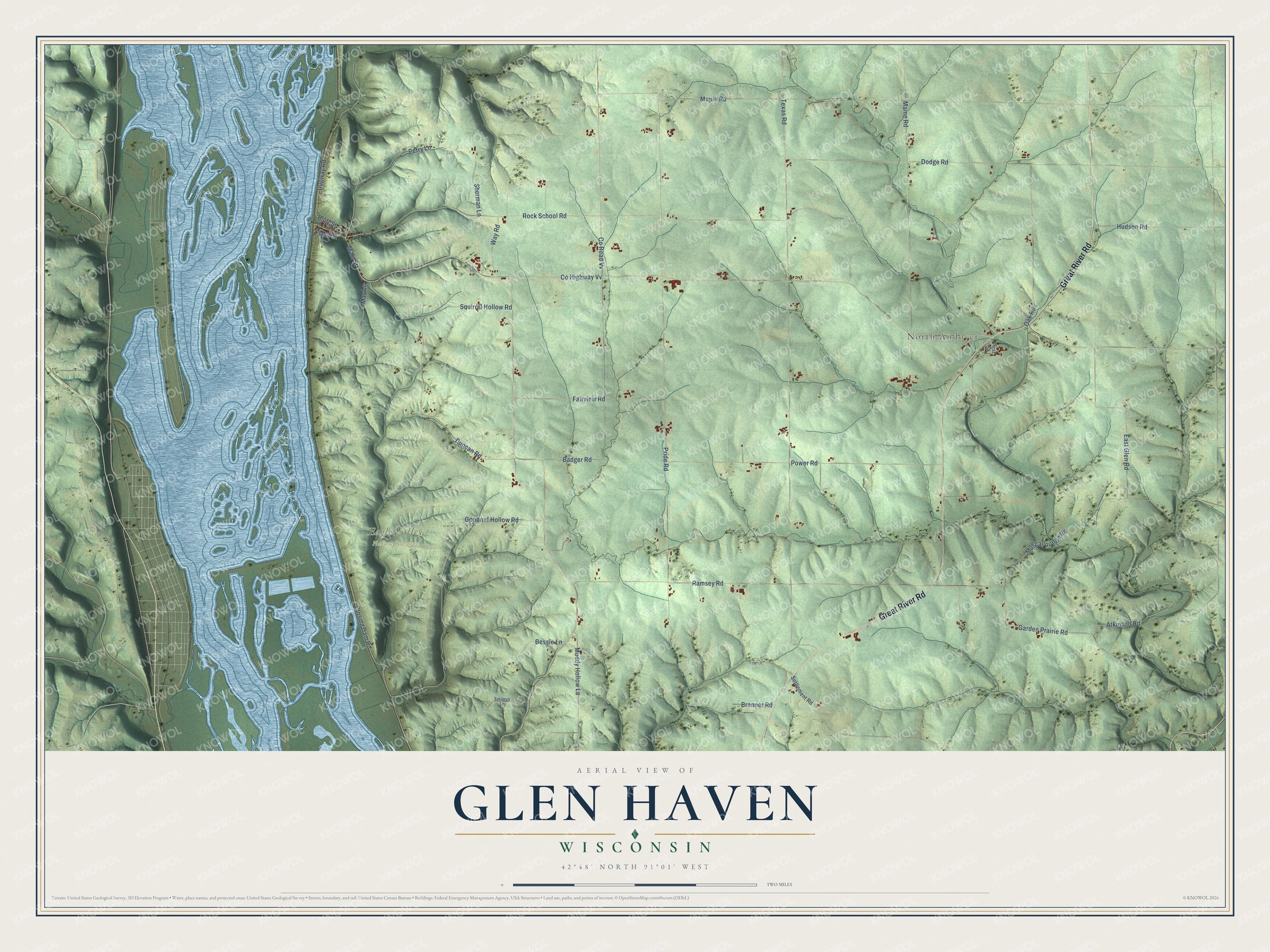 Full map of Glen Haven, Wisconsin, with red buildings, printed street names and the land around them