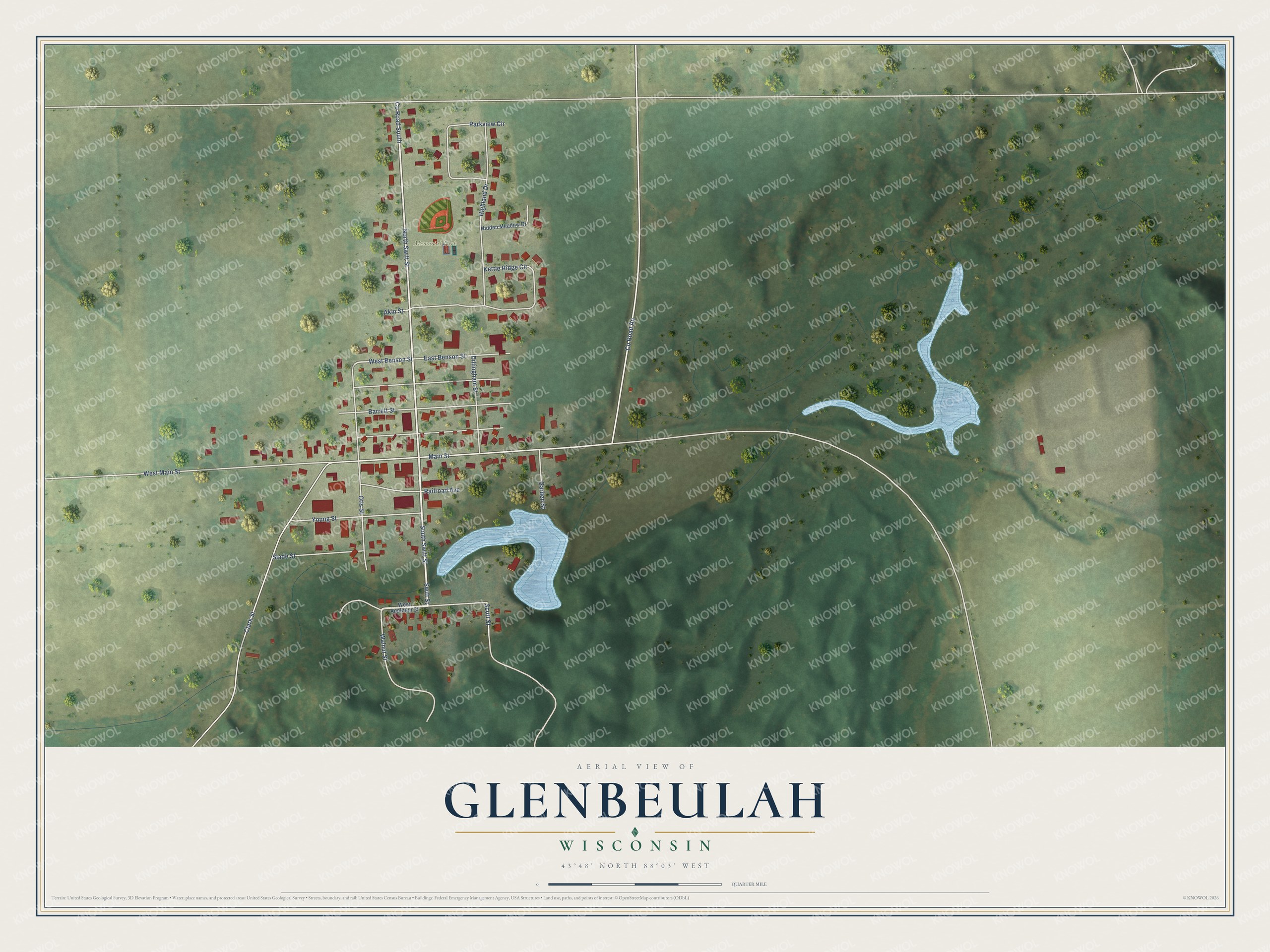 Full map of Glenbeulah, Wisconsin, with red buildings, printed street names and the land around them