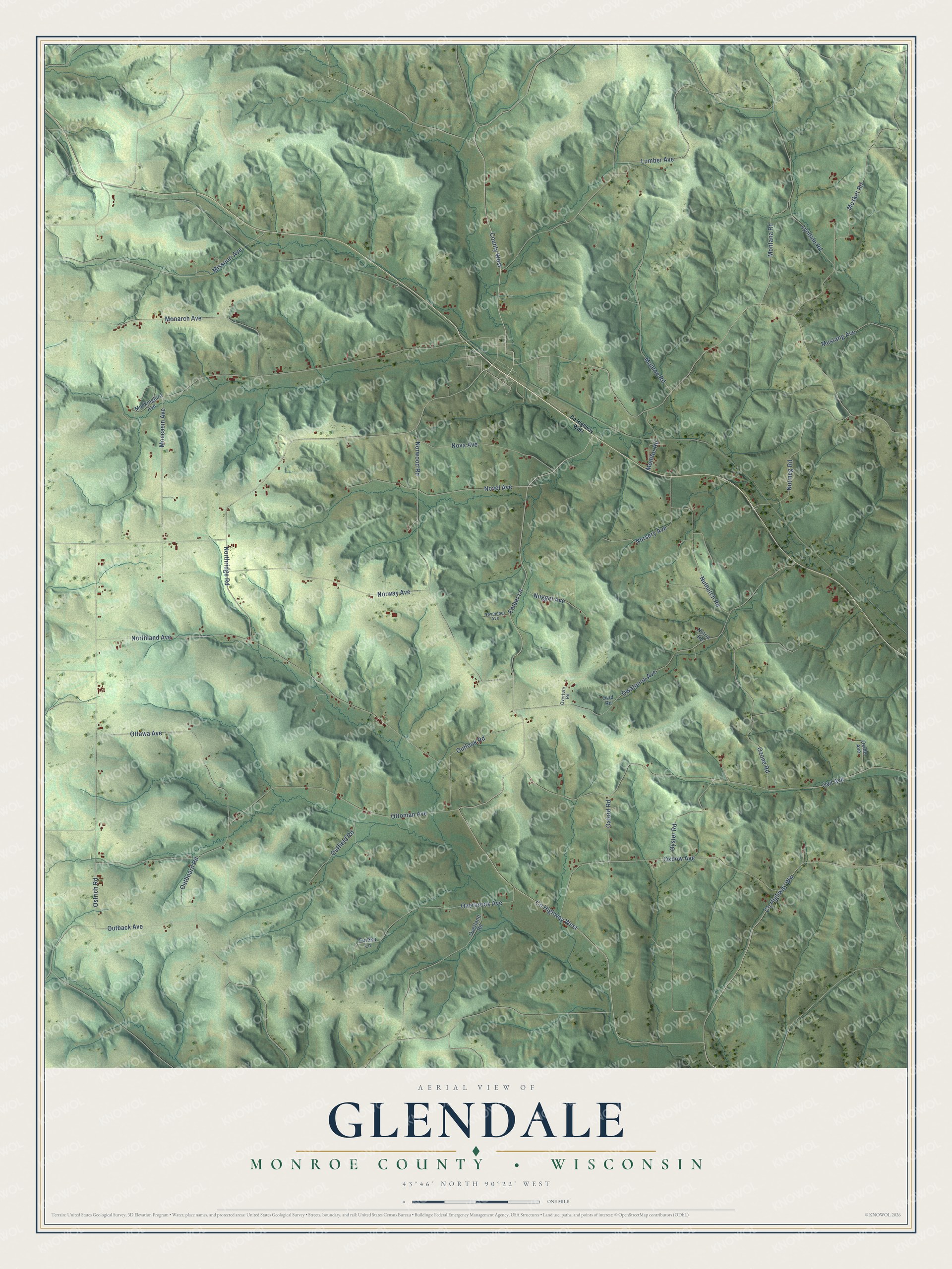 Full map of Glendale, Wisconsin, with red buildings, printed street names and the land around them