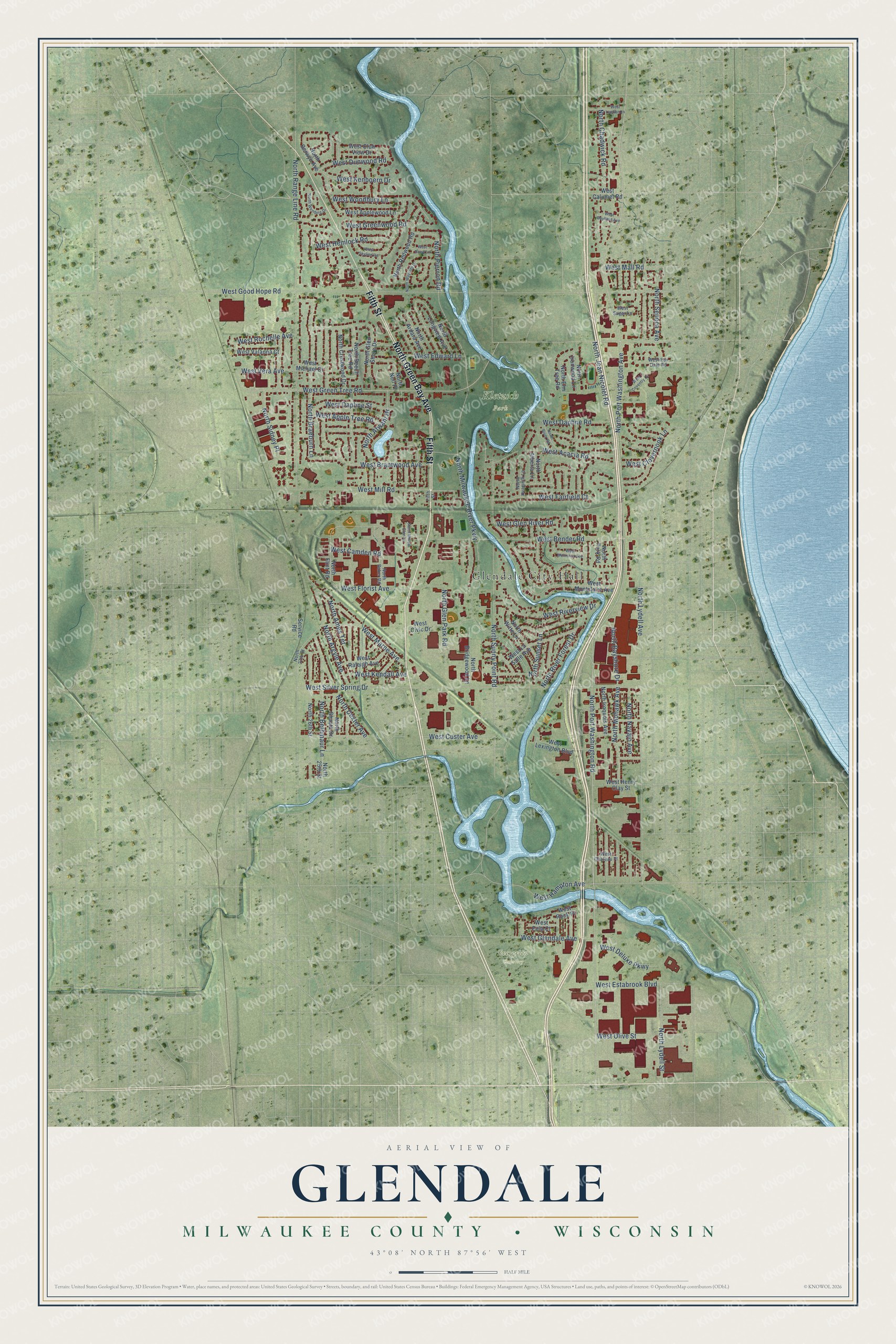 Full map of Glendale, Wisconsin, with red buildings, printed street names and the land around them