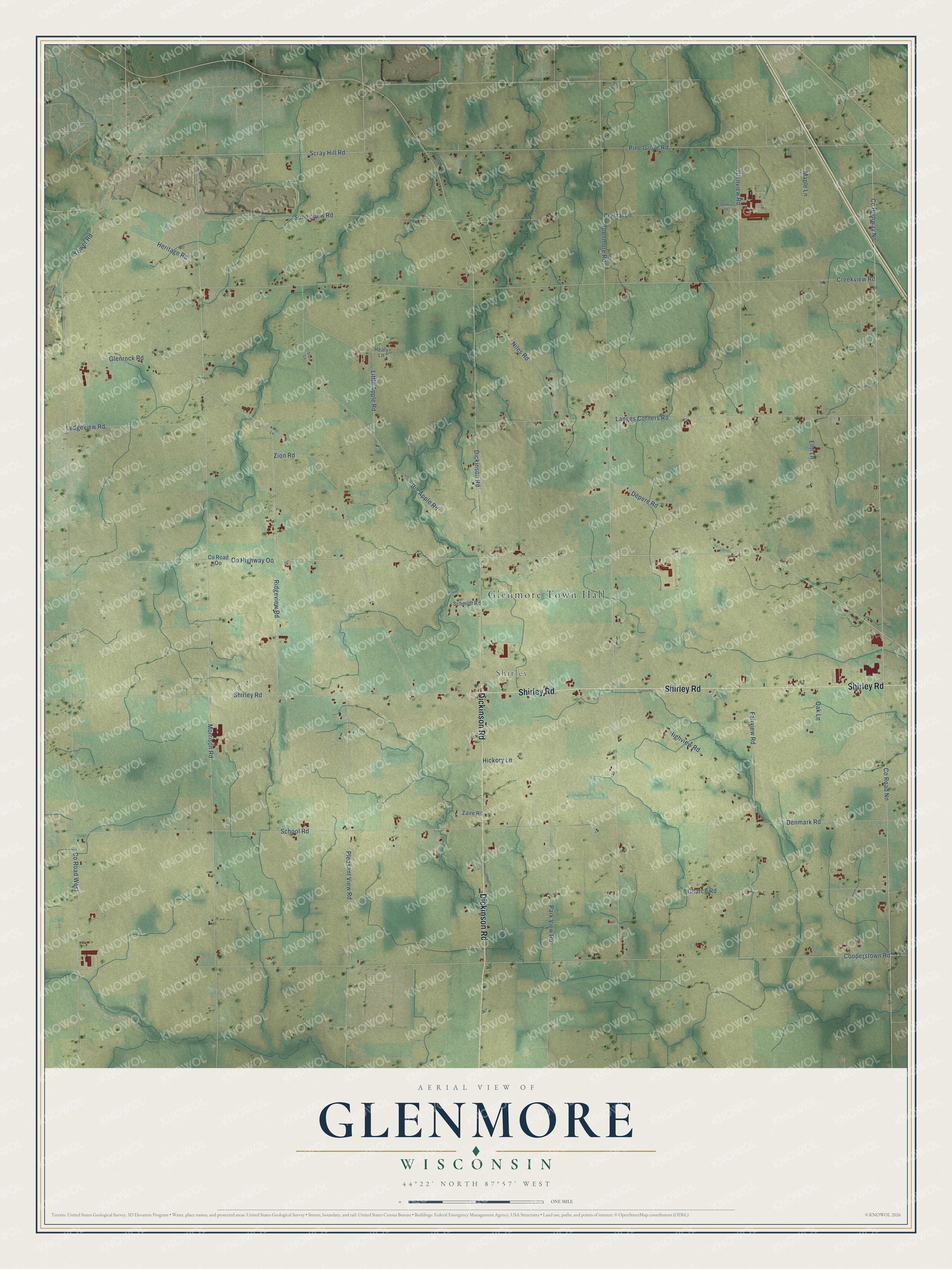 Full map of Glenmore, Wisconsin, with red buildings, printed street names and the land around them