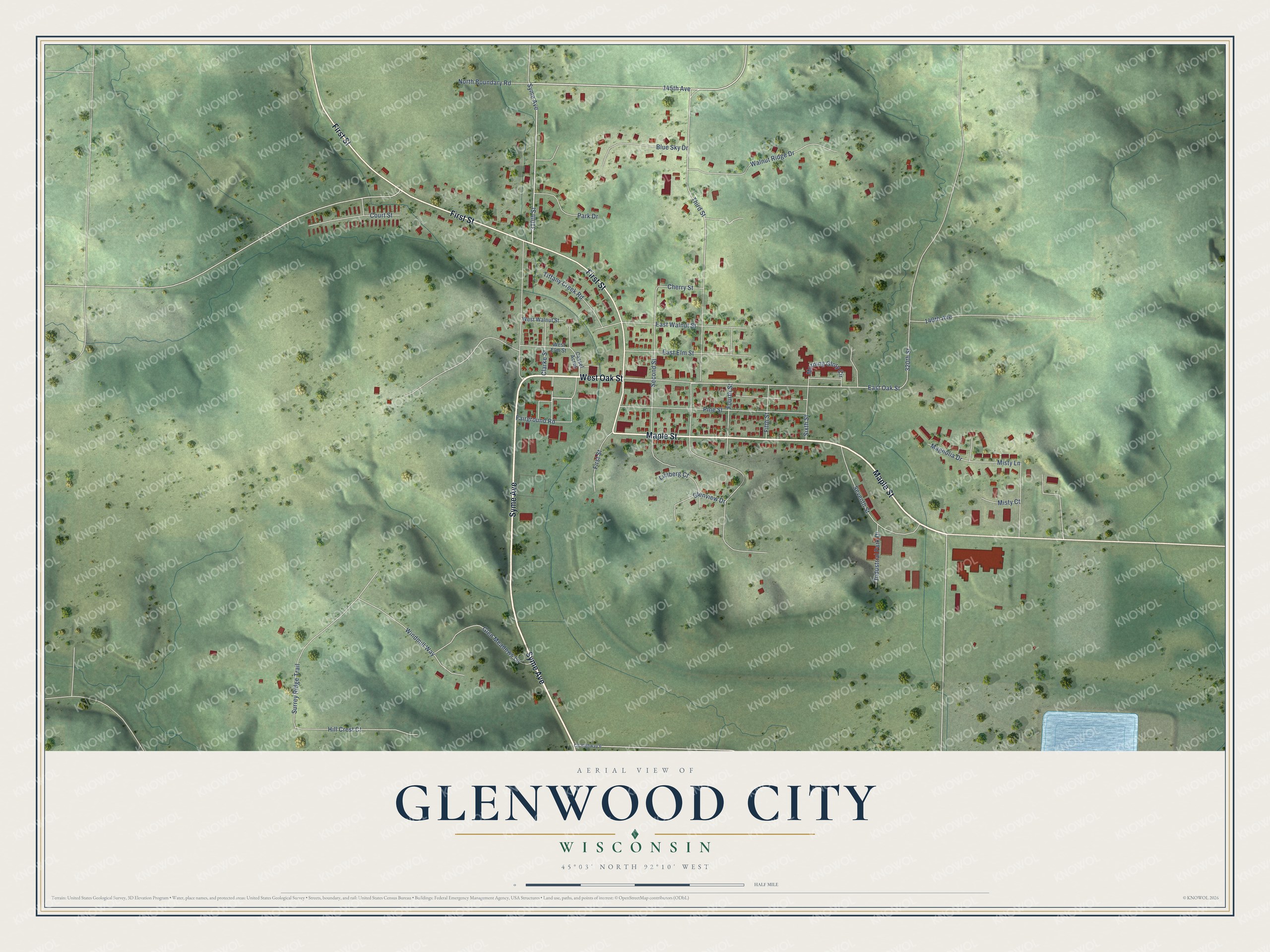 Full map of Glenwood City, Wisconsin, with red buildings, printed street names and the land around them