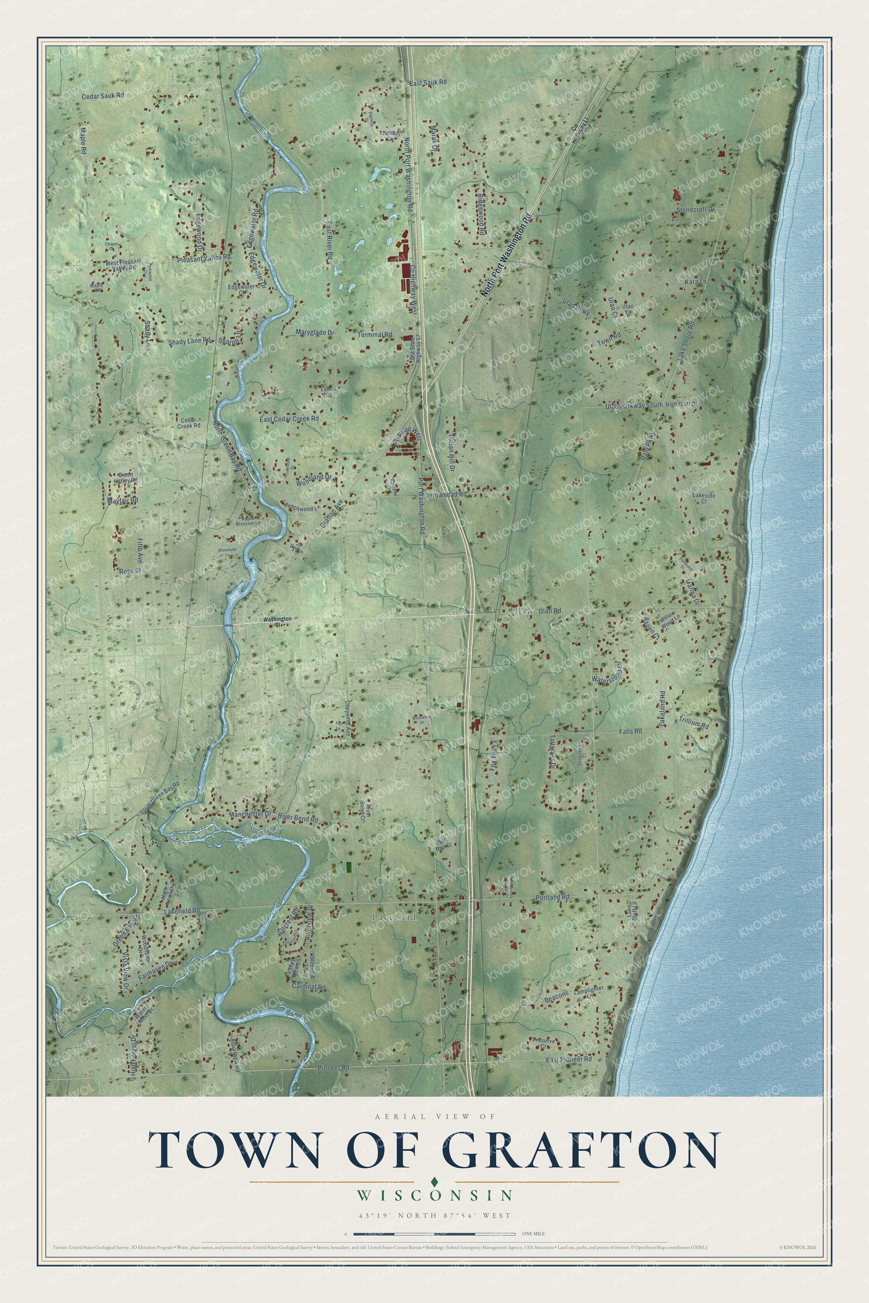 Full map of Grafton, Wisconsin, with red buildings, printed street names and the land around them