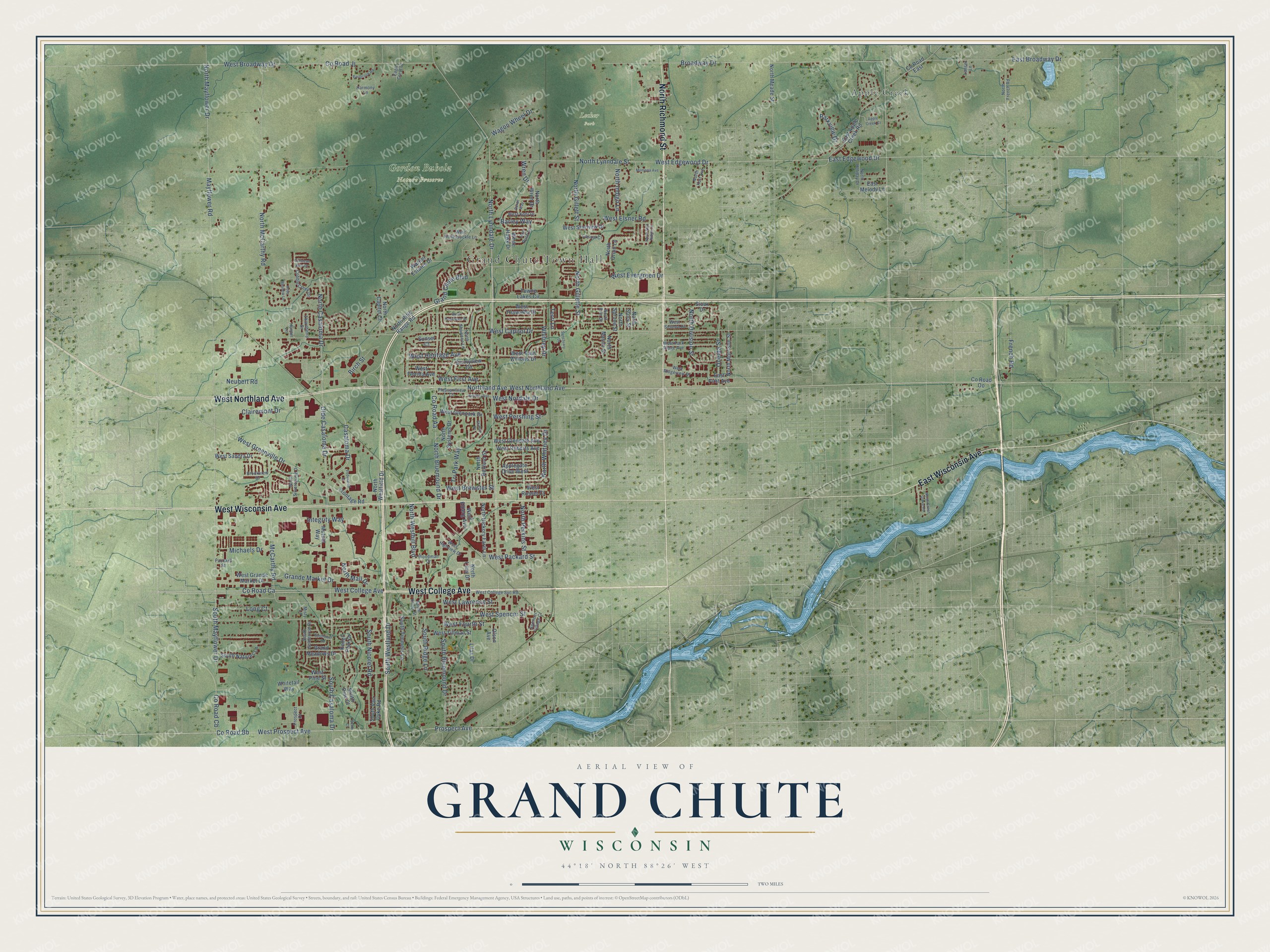 Full map of Grand Chute, Wisconsin, with red buildings, printed street names and the land around them
