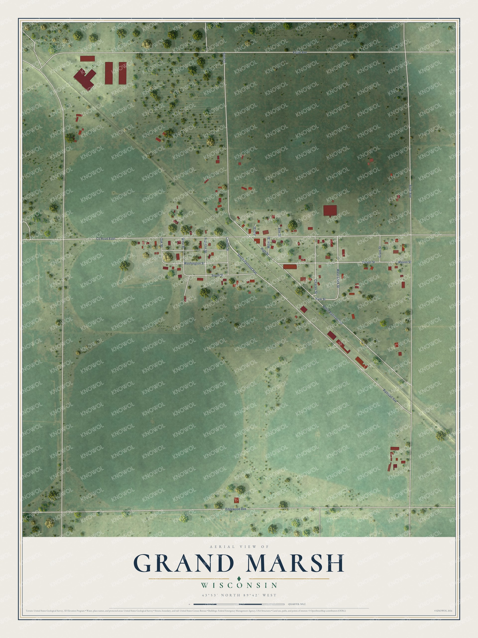 Full map of Grand Marsh, Wisconsin, with red buildings, printed street names and the land around them