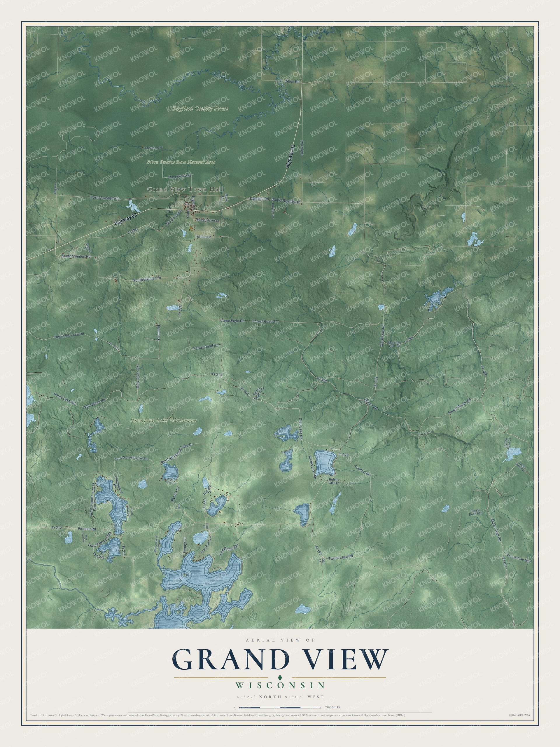 Full map of Grand View, Wisconsin, with red buildings, printed street names and the land around them